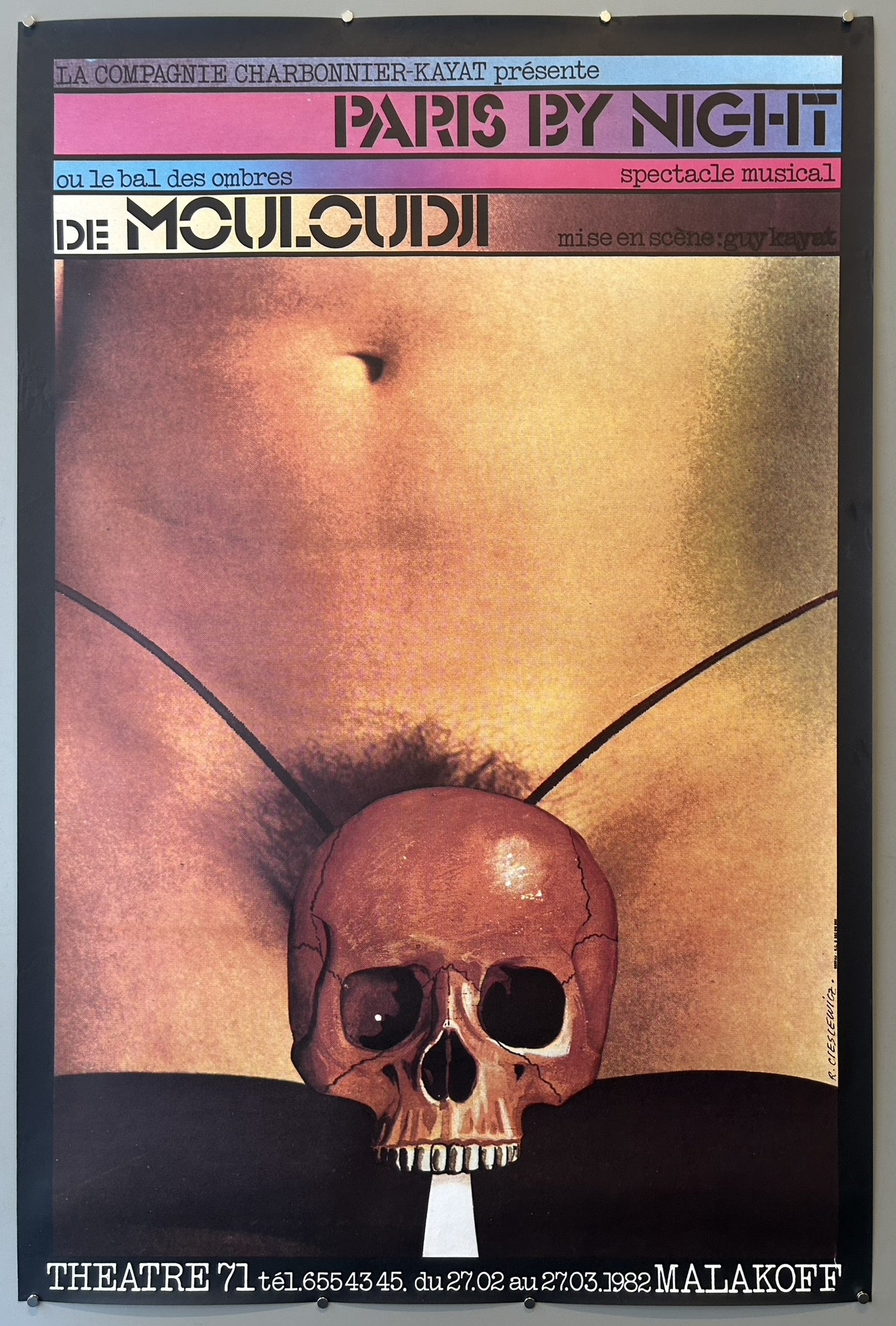The poster features a striking and somewhat provocative image of a human torso with a skull positioned in the lower abdominal area, set against a dark background, with the title "Paris by Night" prominently displayed at the top.
