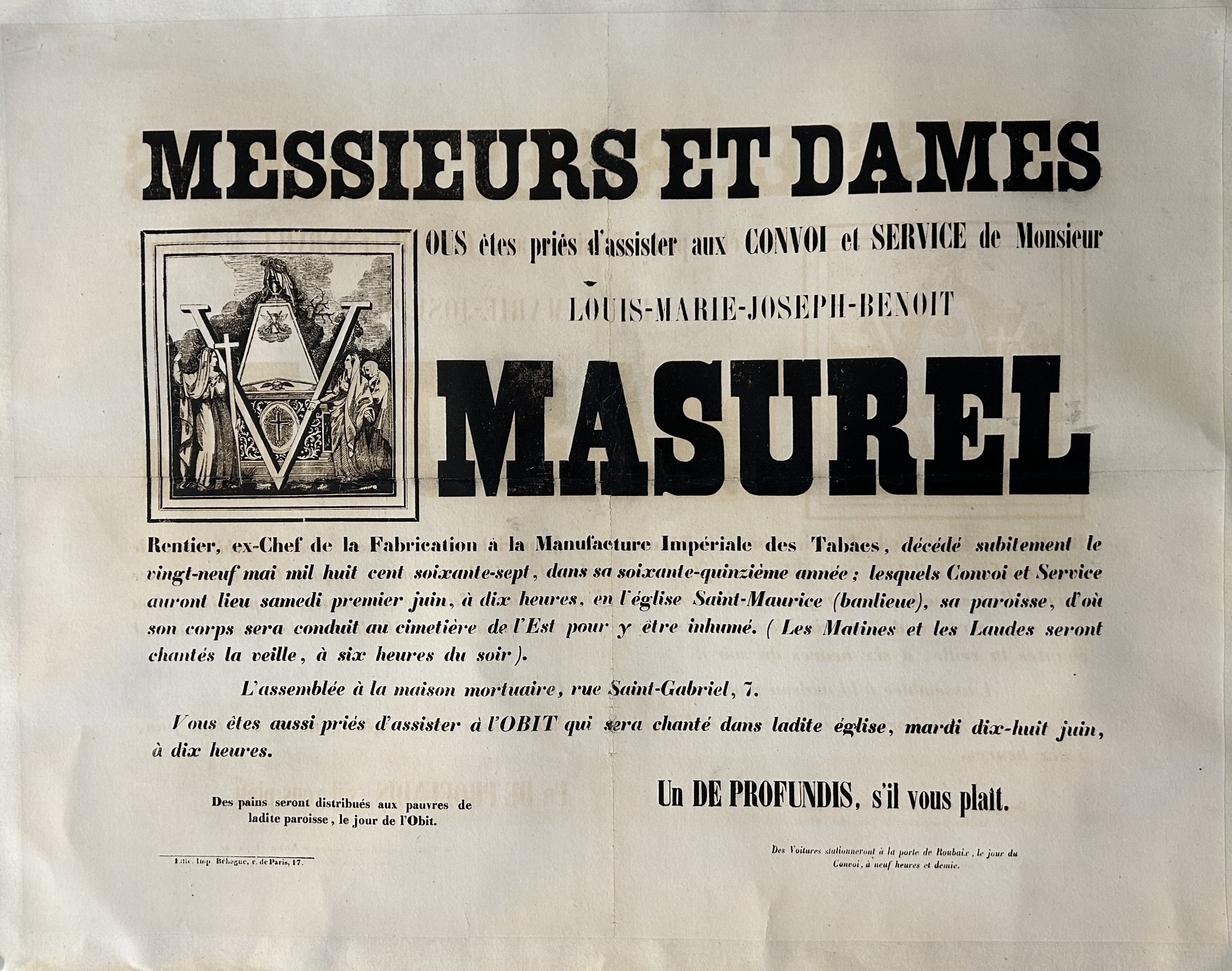 A 19th-century French funeral announcement for Mr. Masurel, a former tobacco manufacturer, with details about the funeral service and obituary mass.