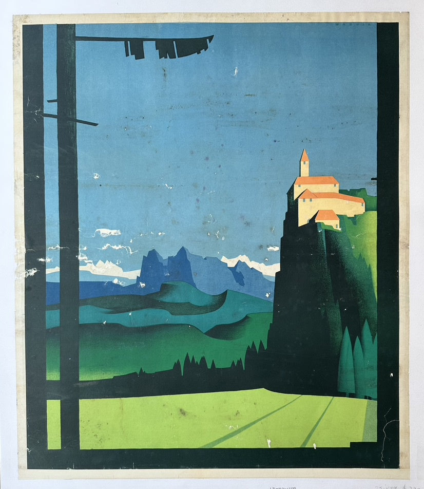 A stylized landscape painting featuring a village on a cliff overlooking a valley and mountains, framed by dark trees.