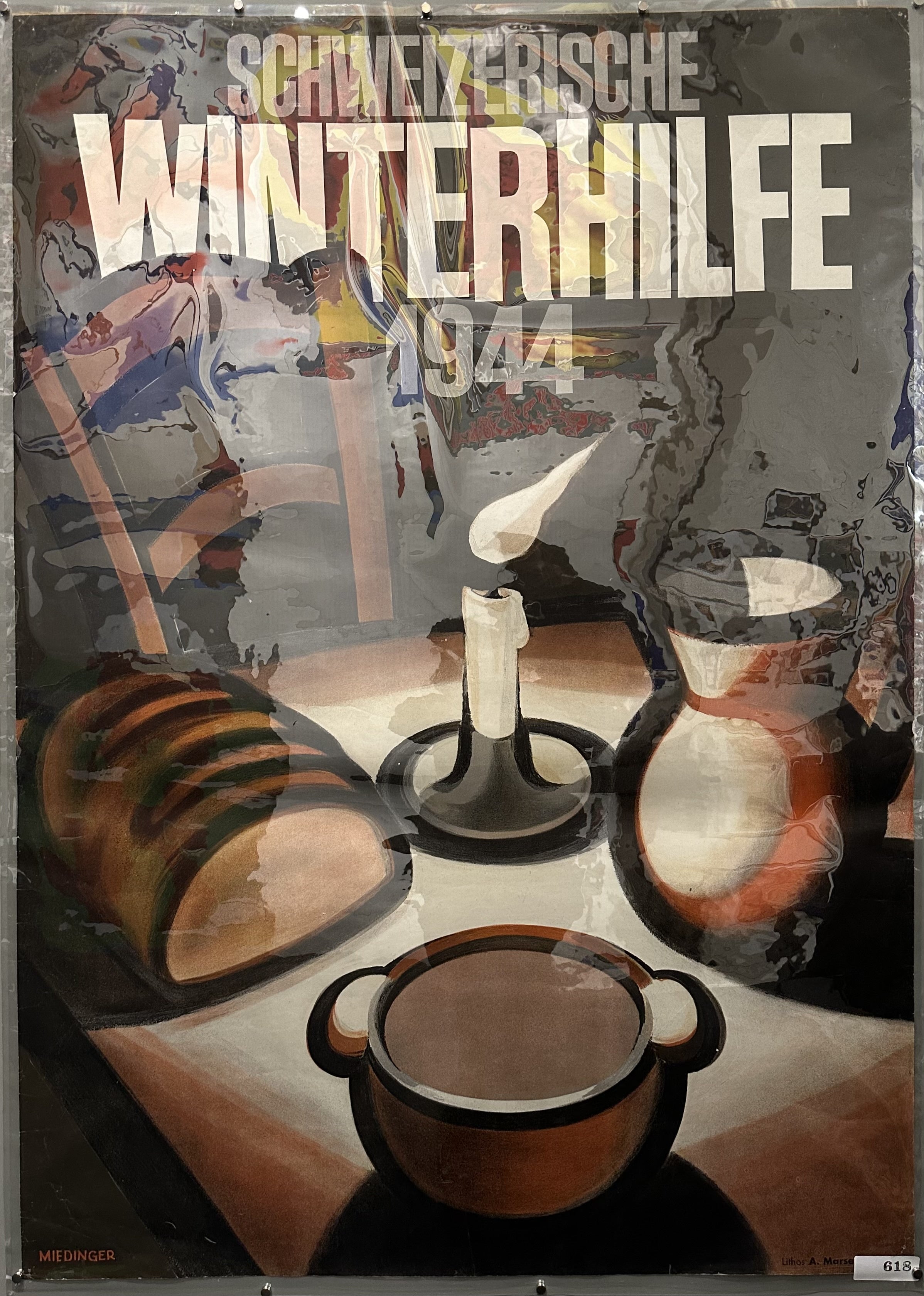 Bread, a water jug, a bowl, and a candle are illustrated on a wooden dining table with an empty chair for Swiss War Relief poster.