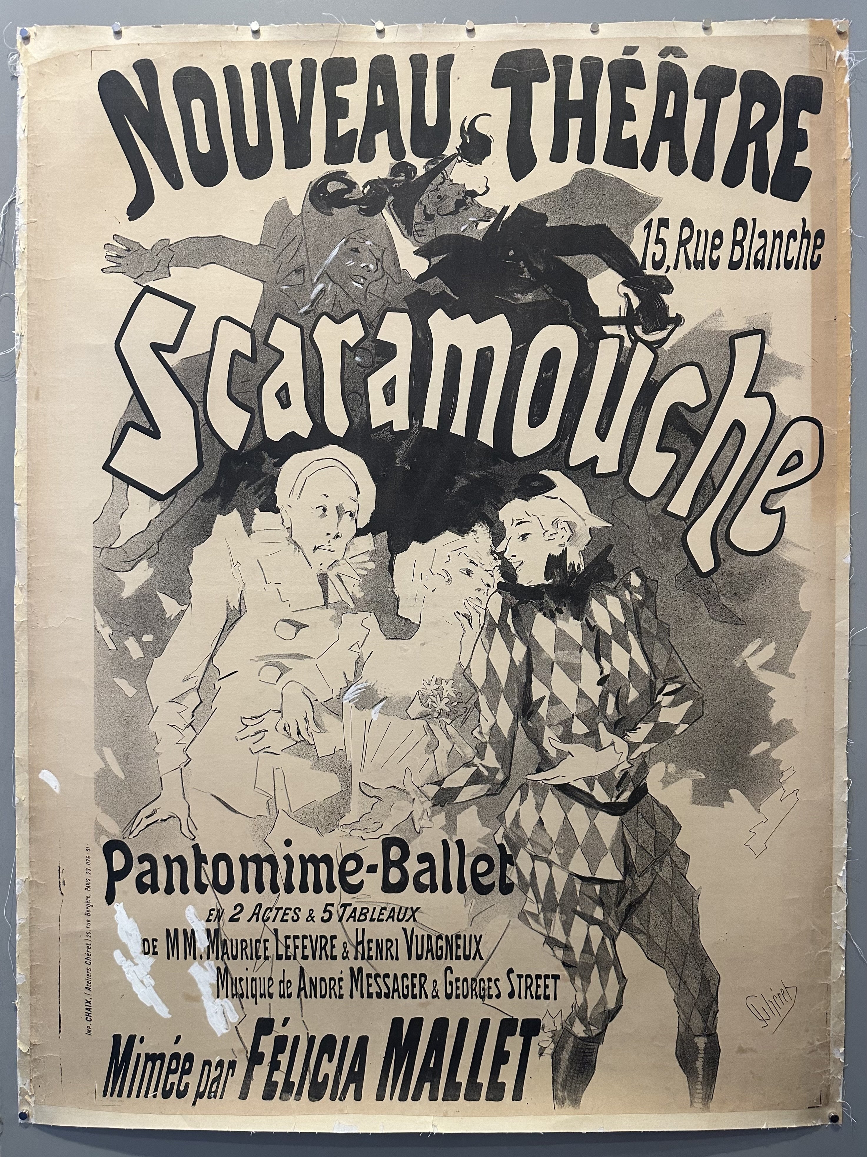 Advertisement for the vintage pantomime-ballet "Scaramouche" at the Nouveau Théâtre in Paris.