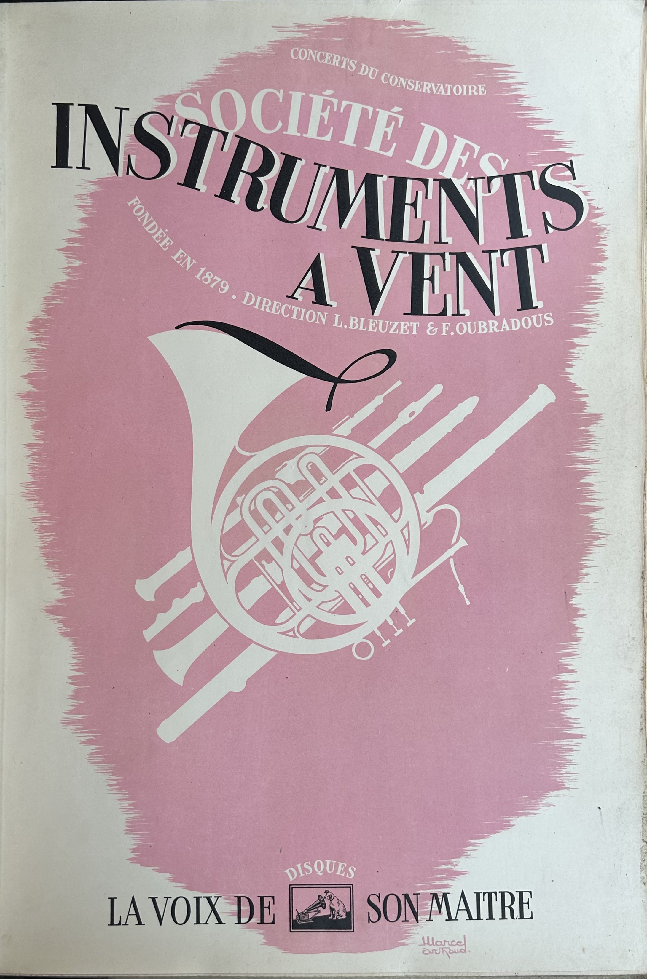 Pink proof with a trombone in the middle and blank space to insert text about dates and venues.
