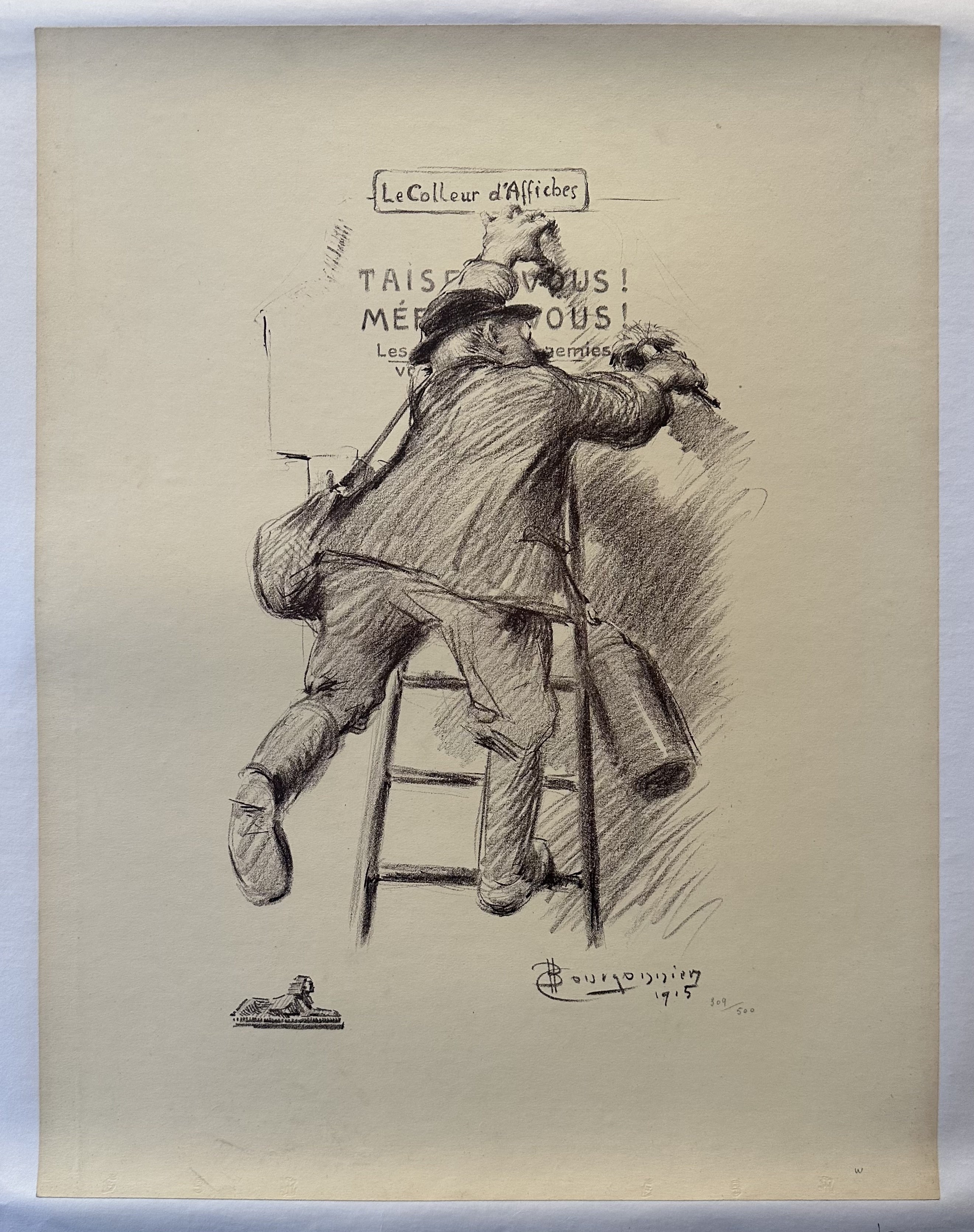 A black and white lithograph titled "Le Colleur d'Affiches" by Claude-Charles Bourgonnier, depicting a man on a ladder pasting up posters