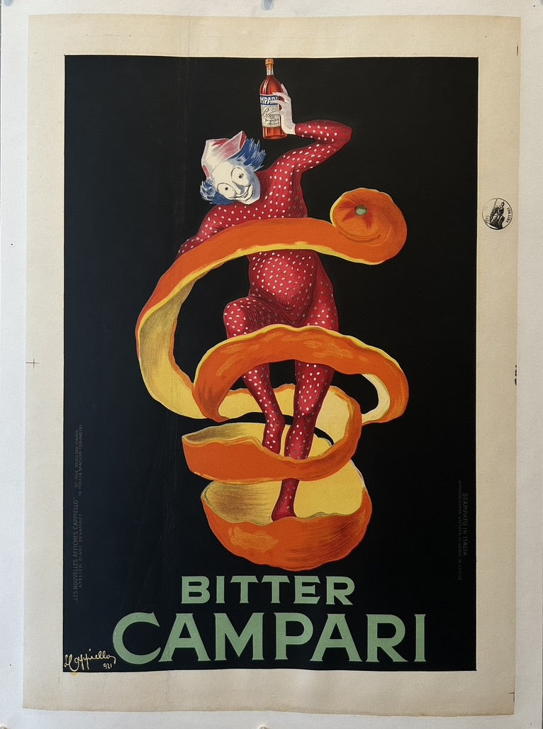 This poster, titled "Bitter Campari (Orange Peel)" or "Campari, Bitter Campari, the large Orange Peel (Jester)", is an original vintage poster from Italy.