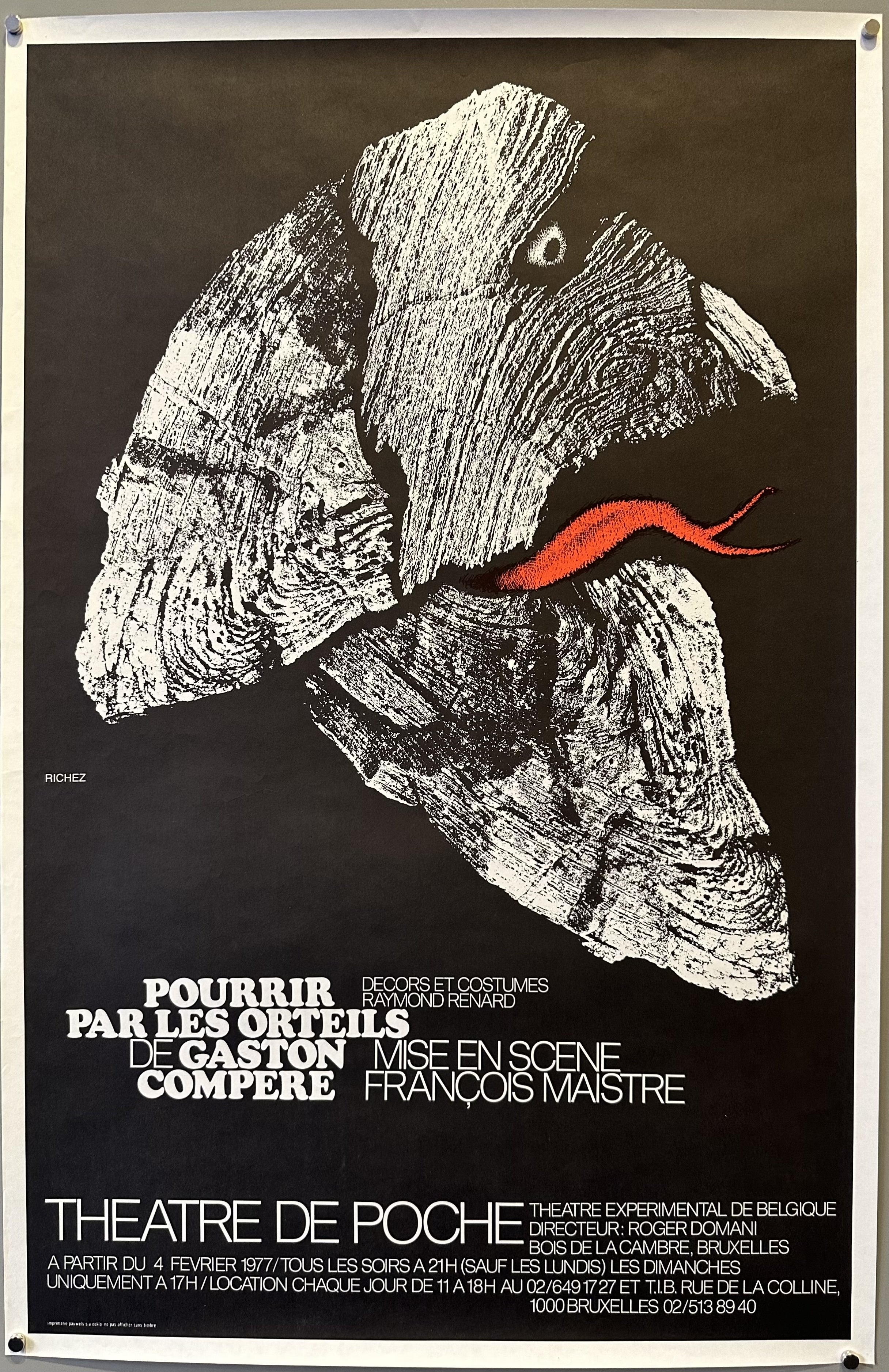 A white figure has its tongue out against a black background in this poster promoting a play by Gaston Compere at the Pocket Theater.