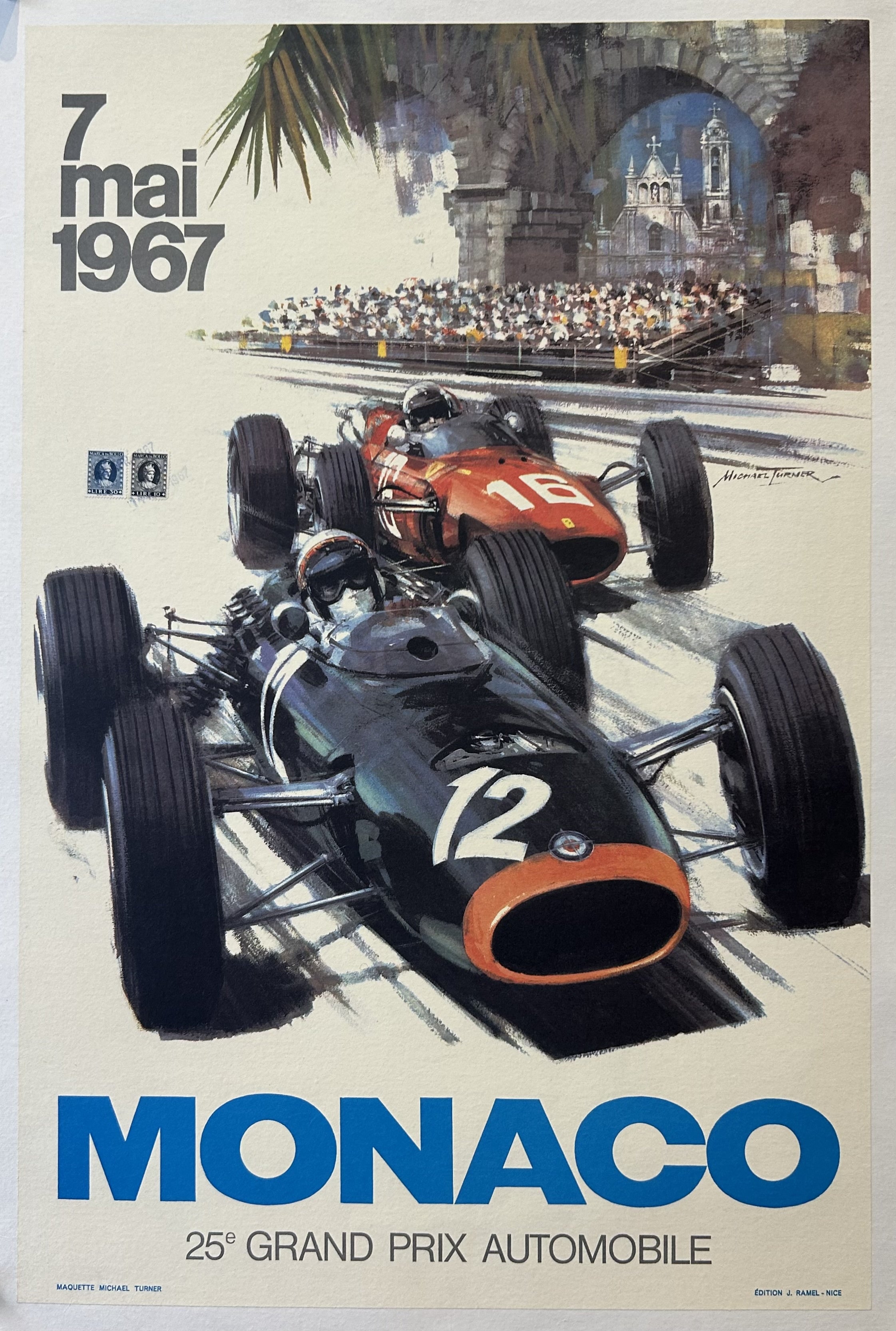 Vintage poster for the 25th Monaco Grand Prix featuring two racing cars on a track.