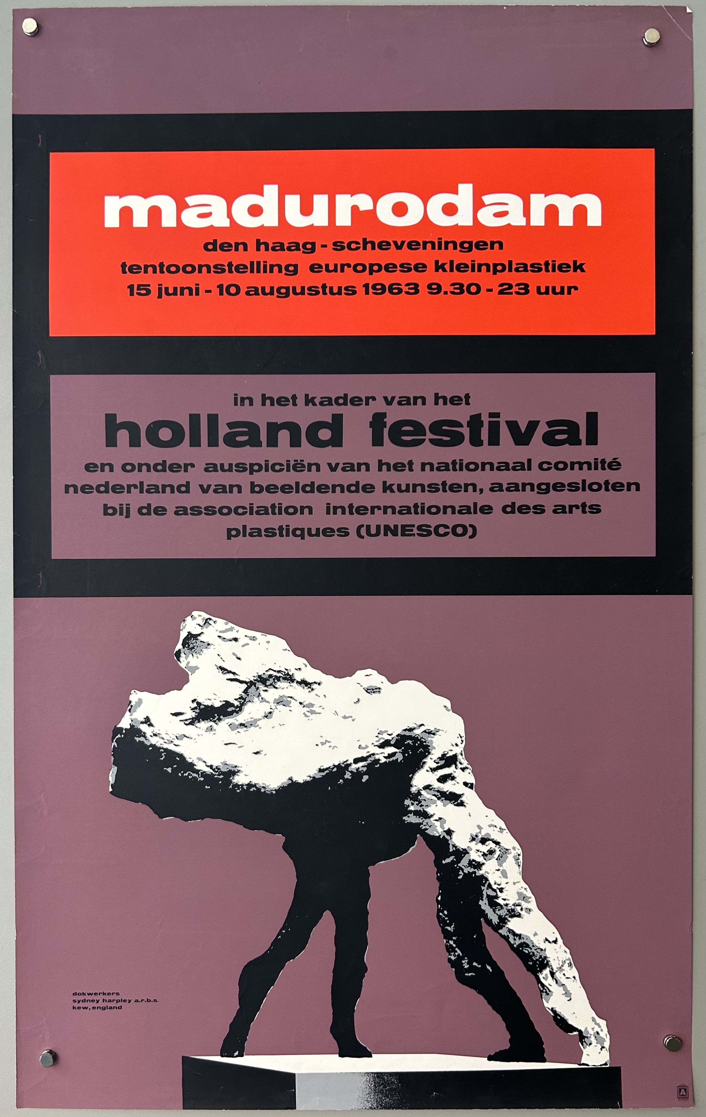Purple poster with red square; white and black text; outline of sculpture below in black and white shading.