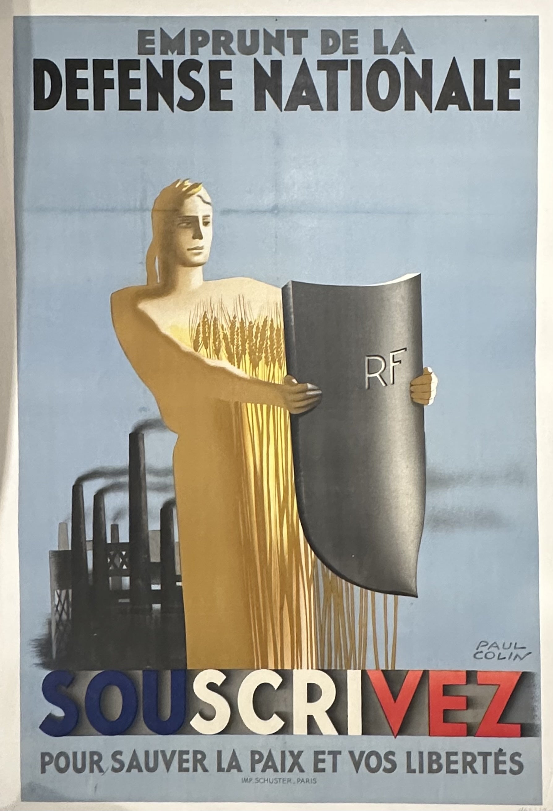 Light blue poster with golden figure holding a silver metal shield with 'RF' on the front standing before industrial towers with text above and below.
