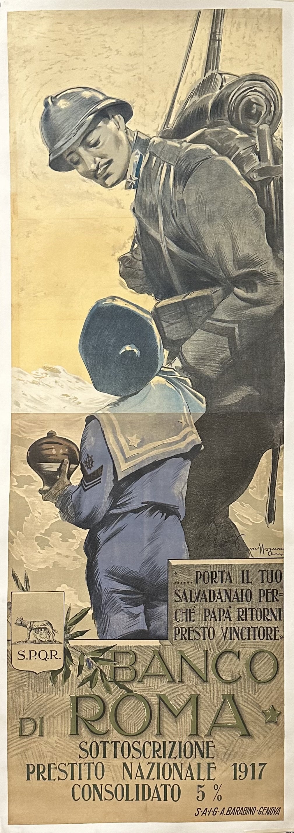 A vintage World War I poster featuring a young boy in a sailor suit handing a soldier his piggy bank. The text reads, "Bring your piggy bank so that dad will soon return victorious. National Loan 1917.".