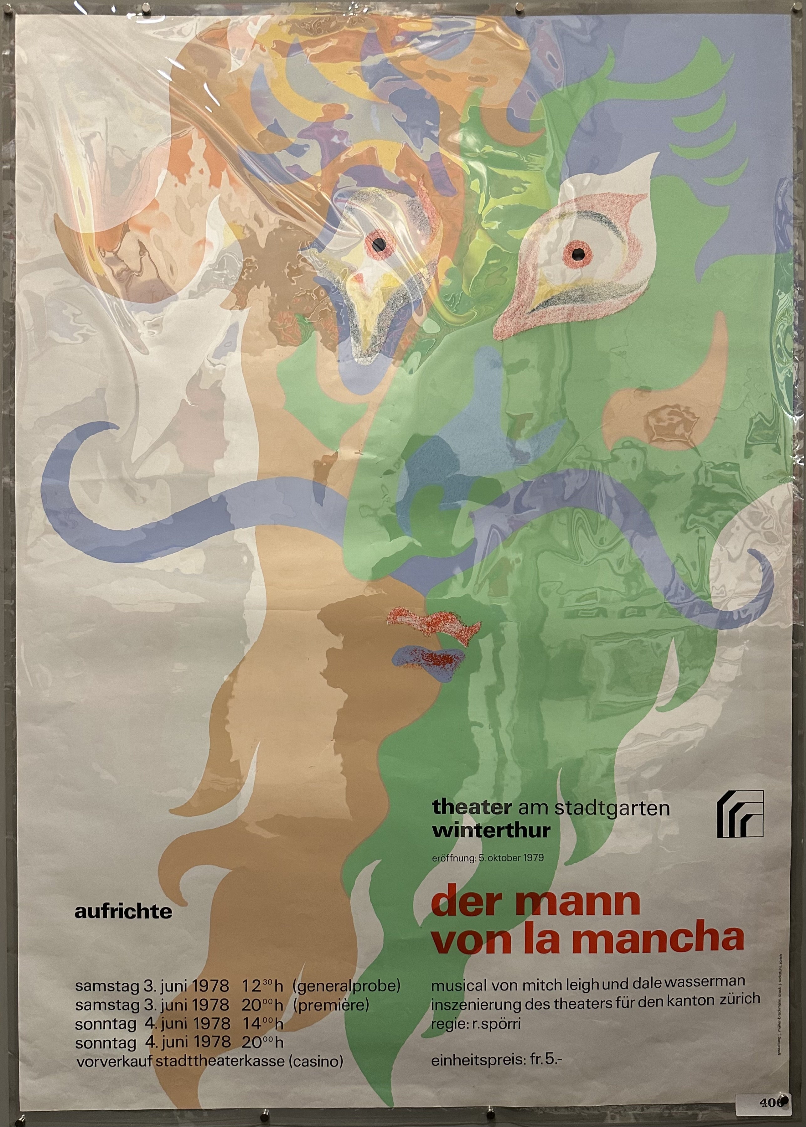 Green, orange, and purple figure drawn against white background to promote play at Swiss theater.