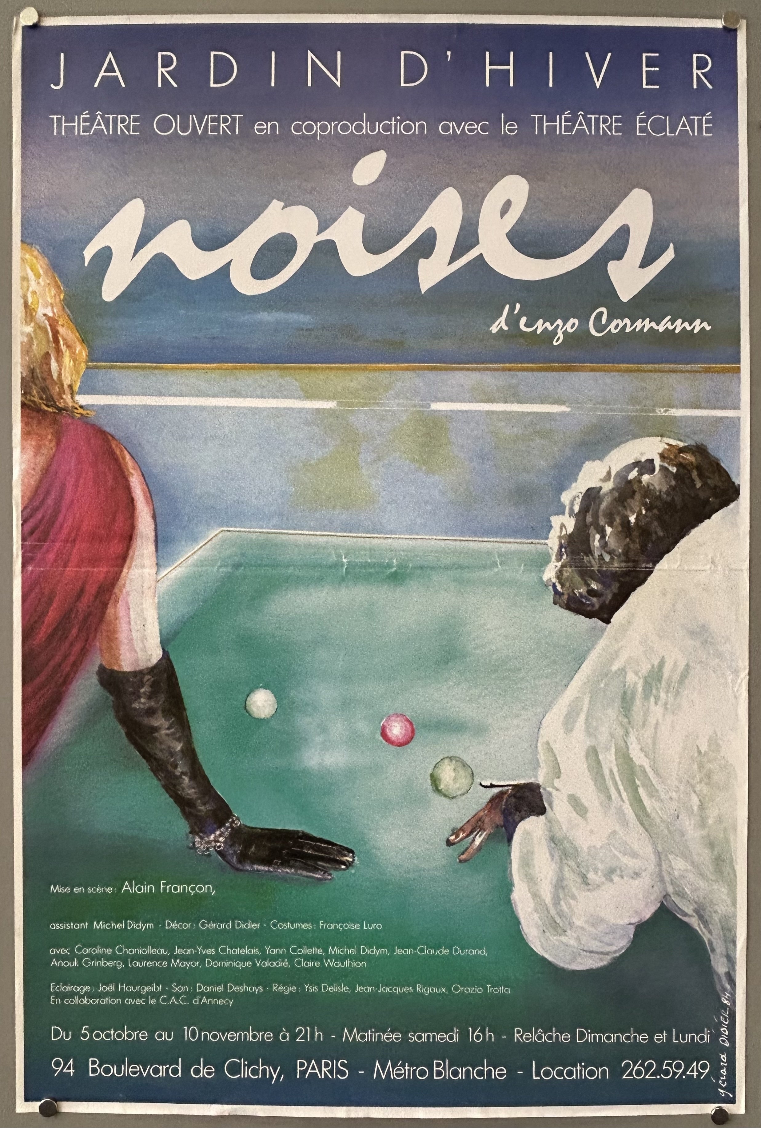 Poster for play by Enzo Cormann featuring illustration of man playing pool with woman's elegant gloved hand on the table.