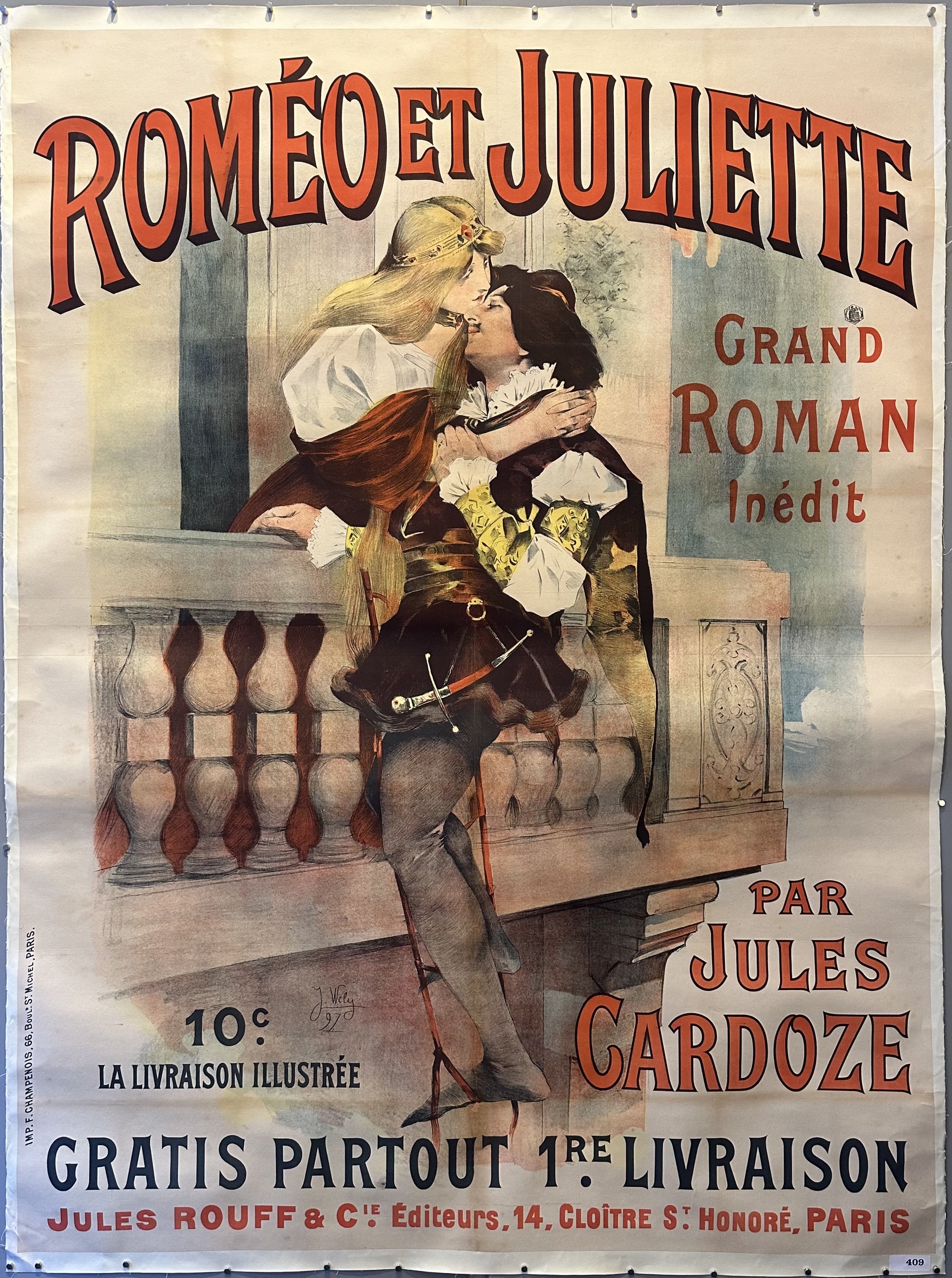 Romeo and Juliet embrace on a balcony with text above and below them to promote Jules Gardoze's book interpretation of Shakespeare's play.