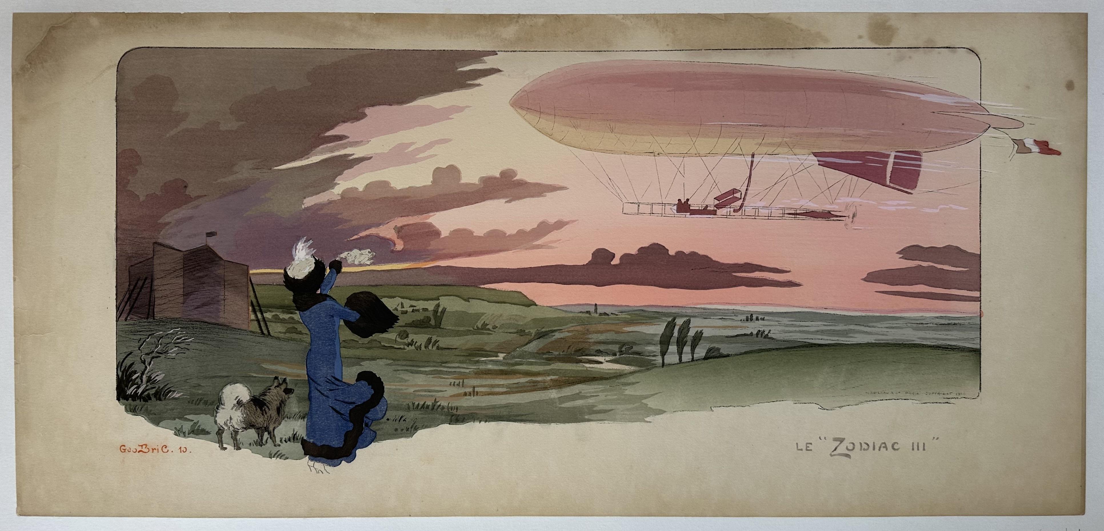 A woman and her dog watch a blimp in the sunset.