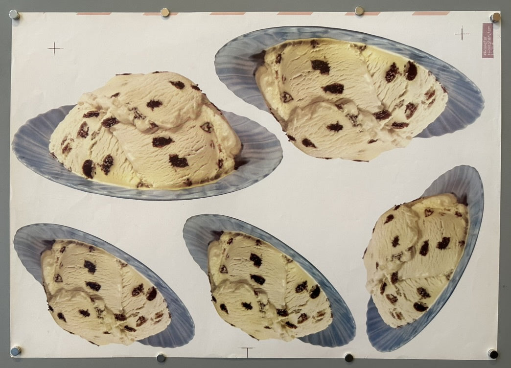 Five images of chocolate chip cookie dough ice cream scoops, each on a light blue plate. The scoops are arranged at different angles, with two at the top and three at the bottom. The poster has a white background