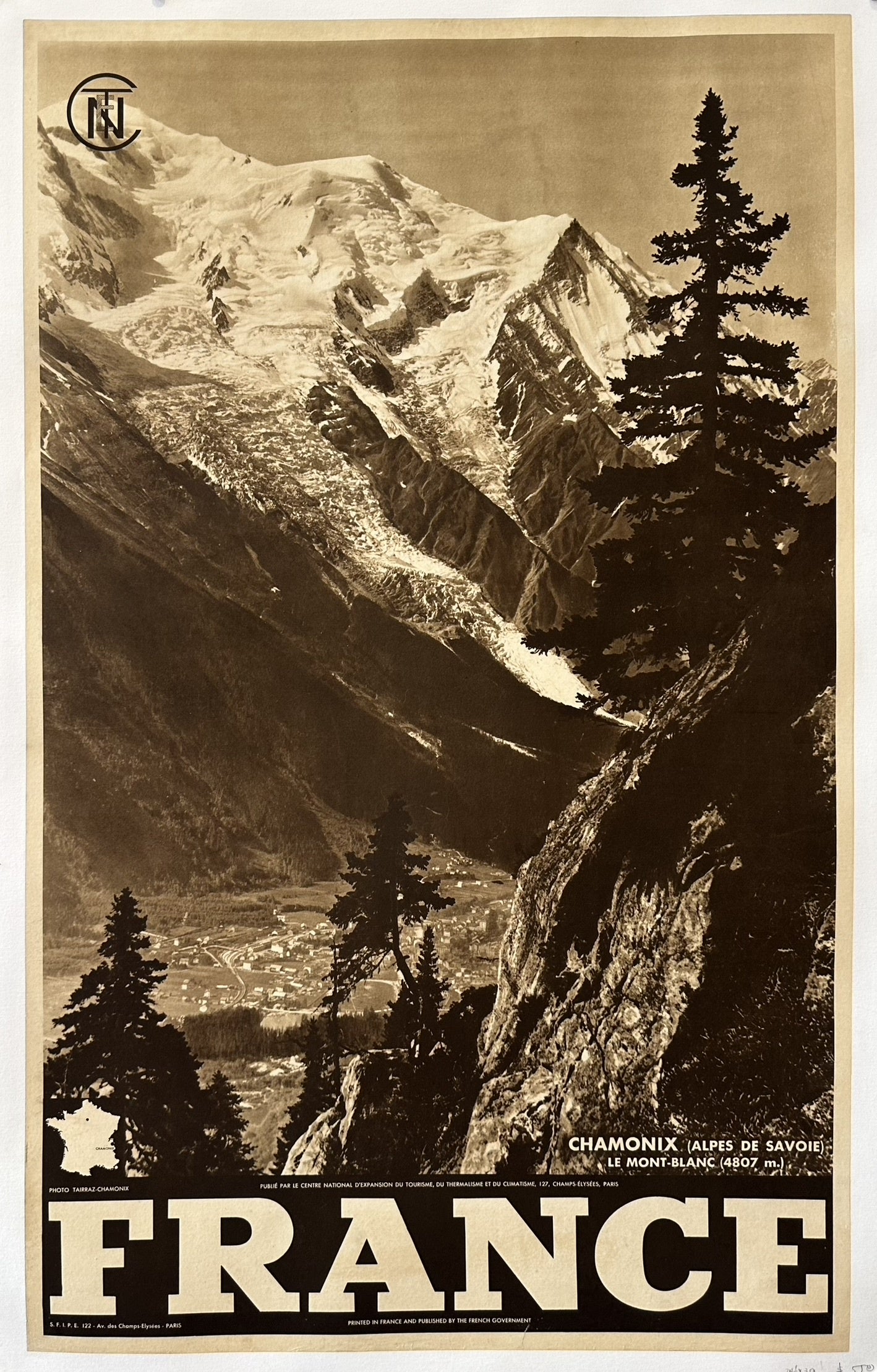 VINTAGE FRENCH TRAVEL SHOWING a mountain in France. Chamonix is known for its abundance of winter sports, from skiing to mountain trekking.