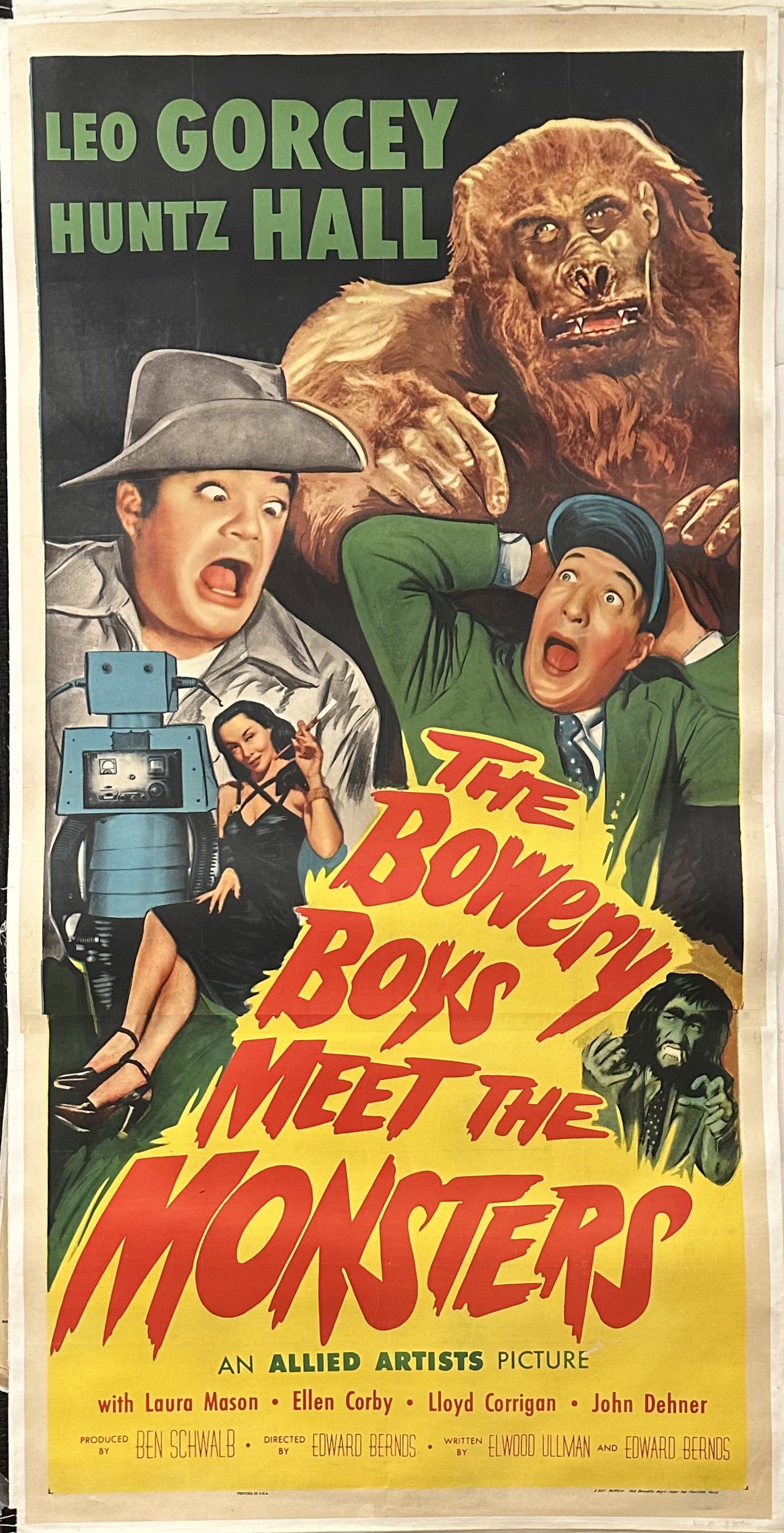 The Bowery Boys are center in this narrow film poster with other supporting characters illustrated around them.
