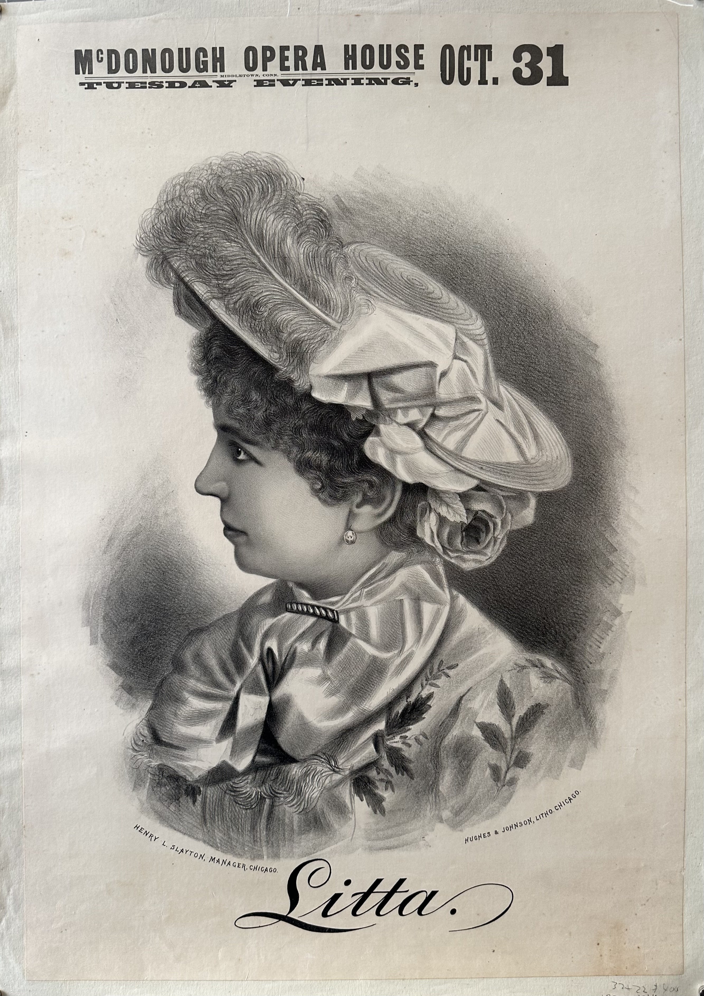 Advertisement poster for the McDonough Opera House featuring a portrait of a woman that looks fancy. below her is the text "Litta.", including the manager and the printers.