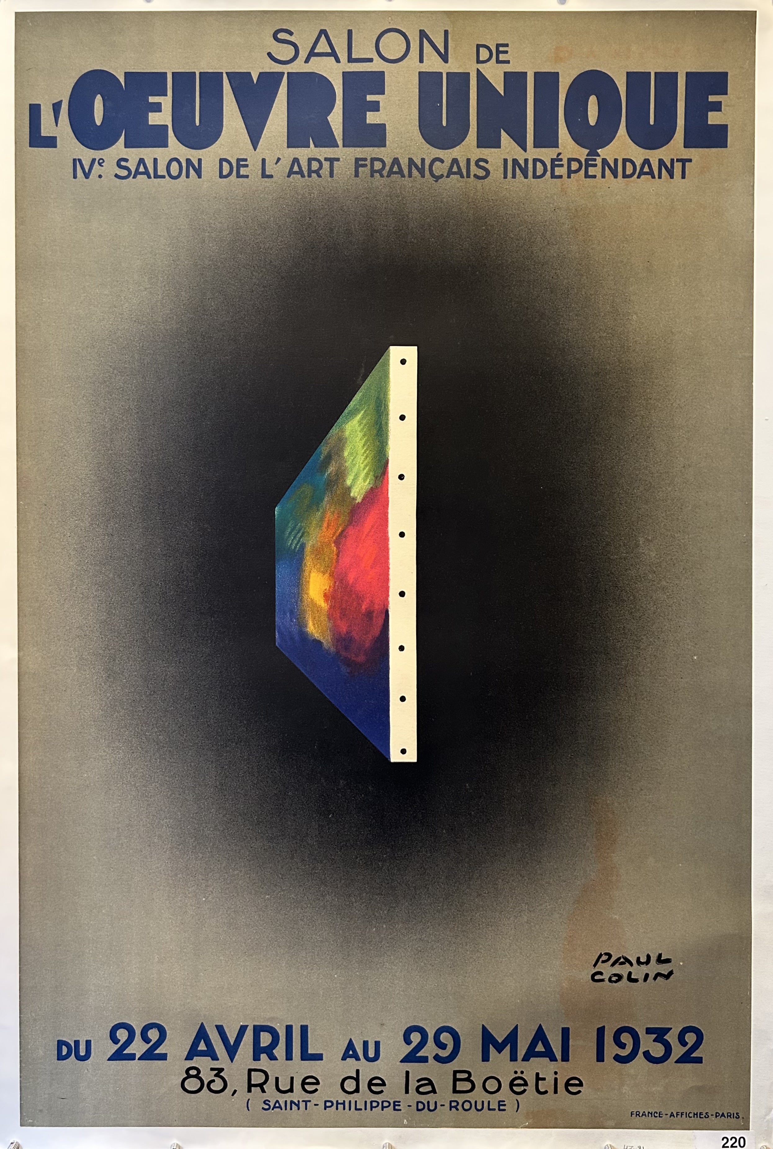 Angled canvas with bright paint streaks is the focal point of this poster with blue text on the top and bottom.