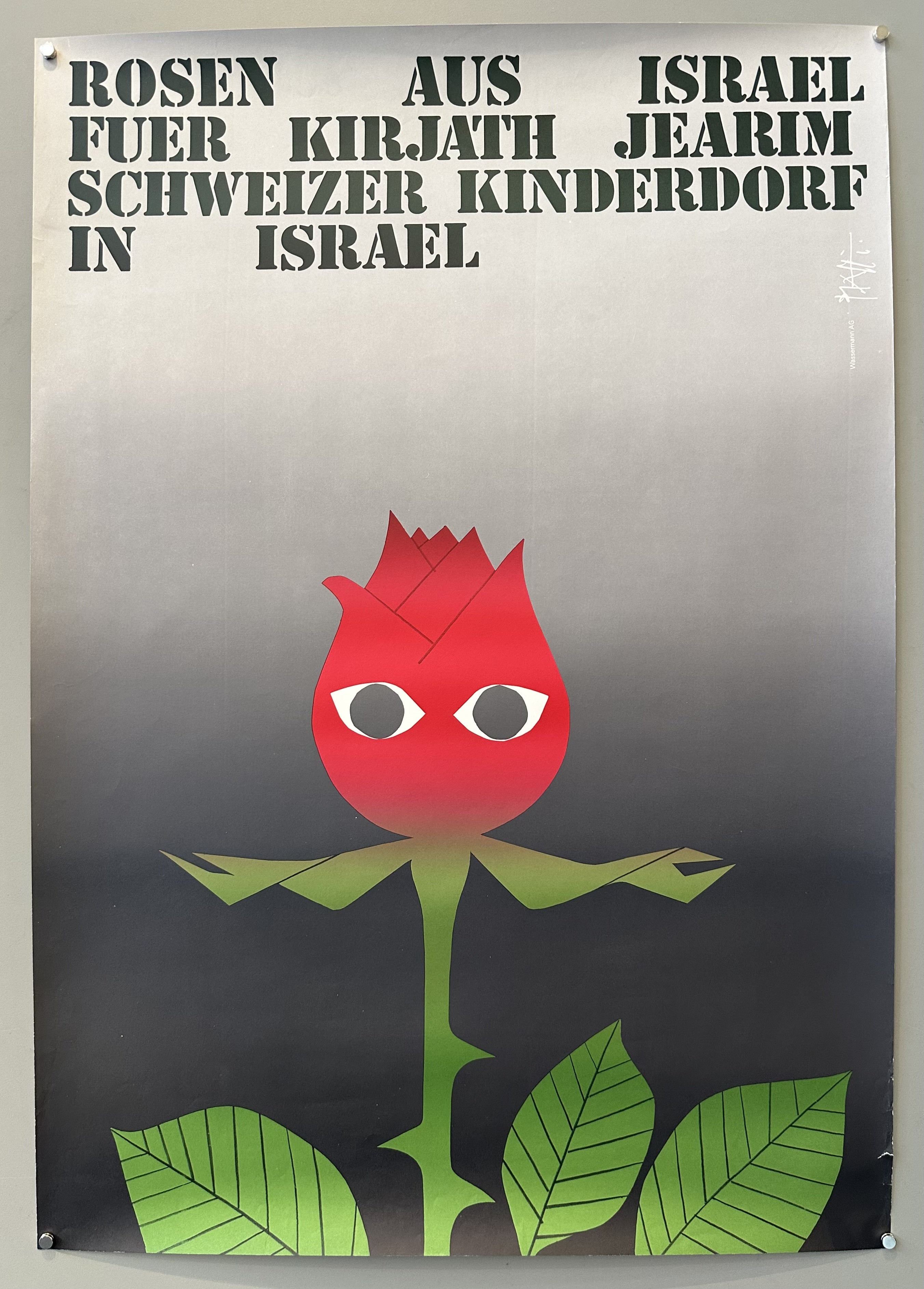 vintage poster featuring a large red rose with two eyes in the center. The rose has a green stem and thorns. The background is black with white , there is text in German.