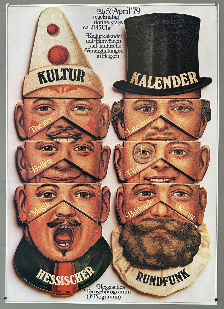 This poster is a 1979 design by Günther Kieser for the "Kultur Kalender" (Culture Calendar) program of Hessischer Rundfunk (Hessian Broadcasting), specifically for its 3rd program (Hessisches Fernsehprogramm)