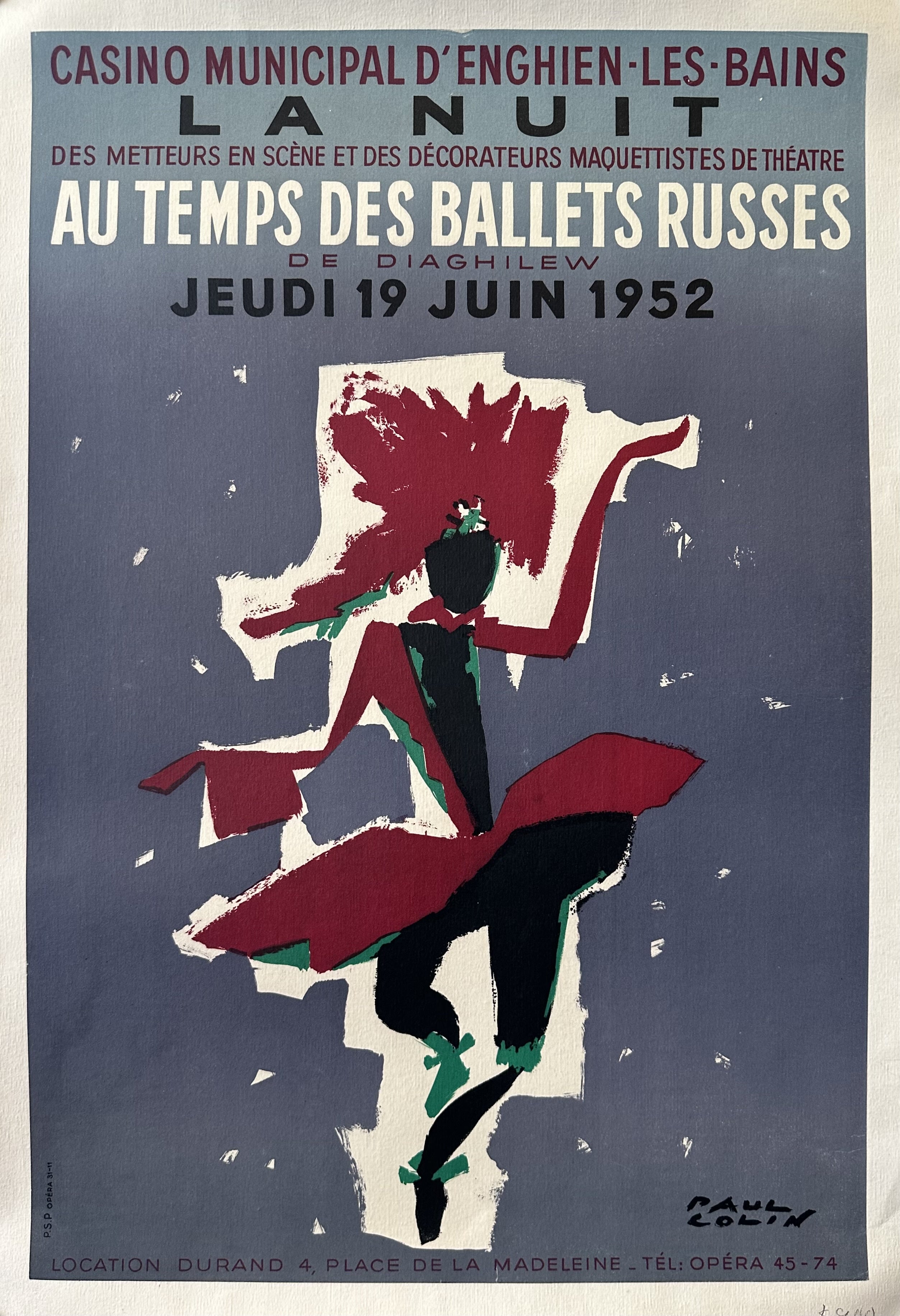 Female dancer poses in the middle of the poster to promote Serge Diaghilev's Ballet Russes at the Casino Barrière Enghien-les-Bains
