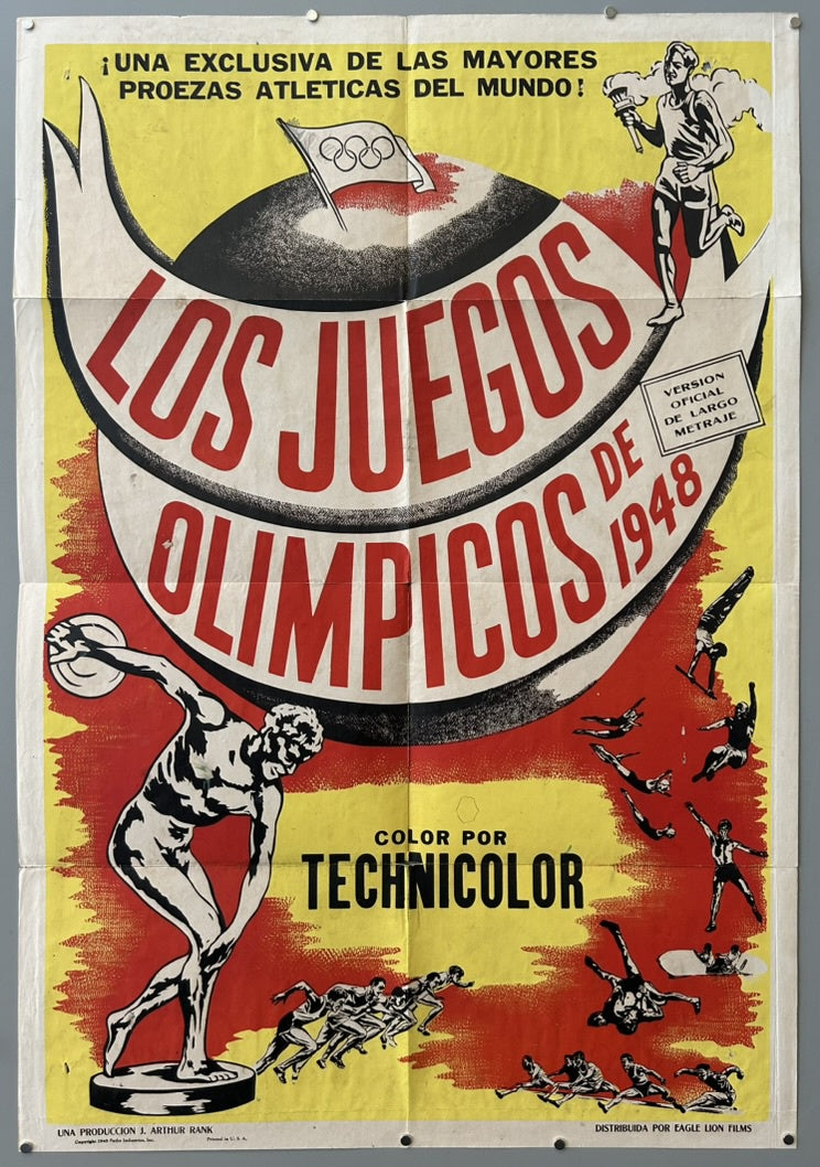 1948 Olympic Games featuring athletes in action, the Olympic rings, and bold red and black lettering with a torchbearer, discus thrower, and silhouettes of various sports. Text highlights it as the official full-length Technicolor version, produced by Arthur Rank and distributed by Eagle Lion Films.