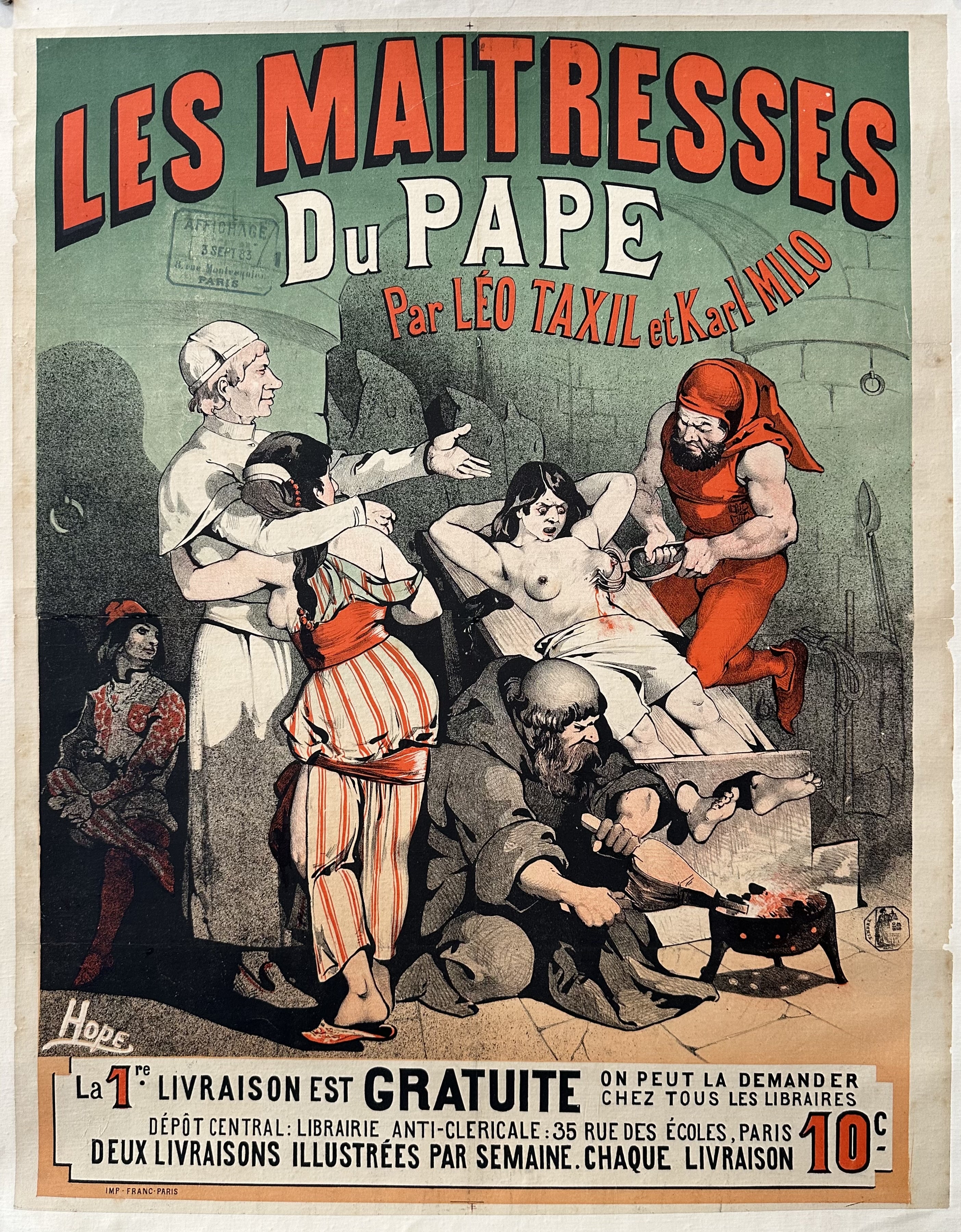 The poster is advertising a book with illustrations, depicting a scene of a pope-like figure in a red robe and a horned figure with a whip standing over a woman lying on a table.