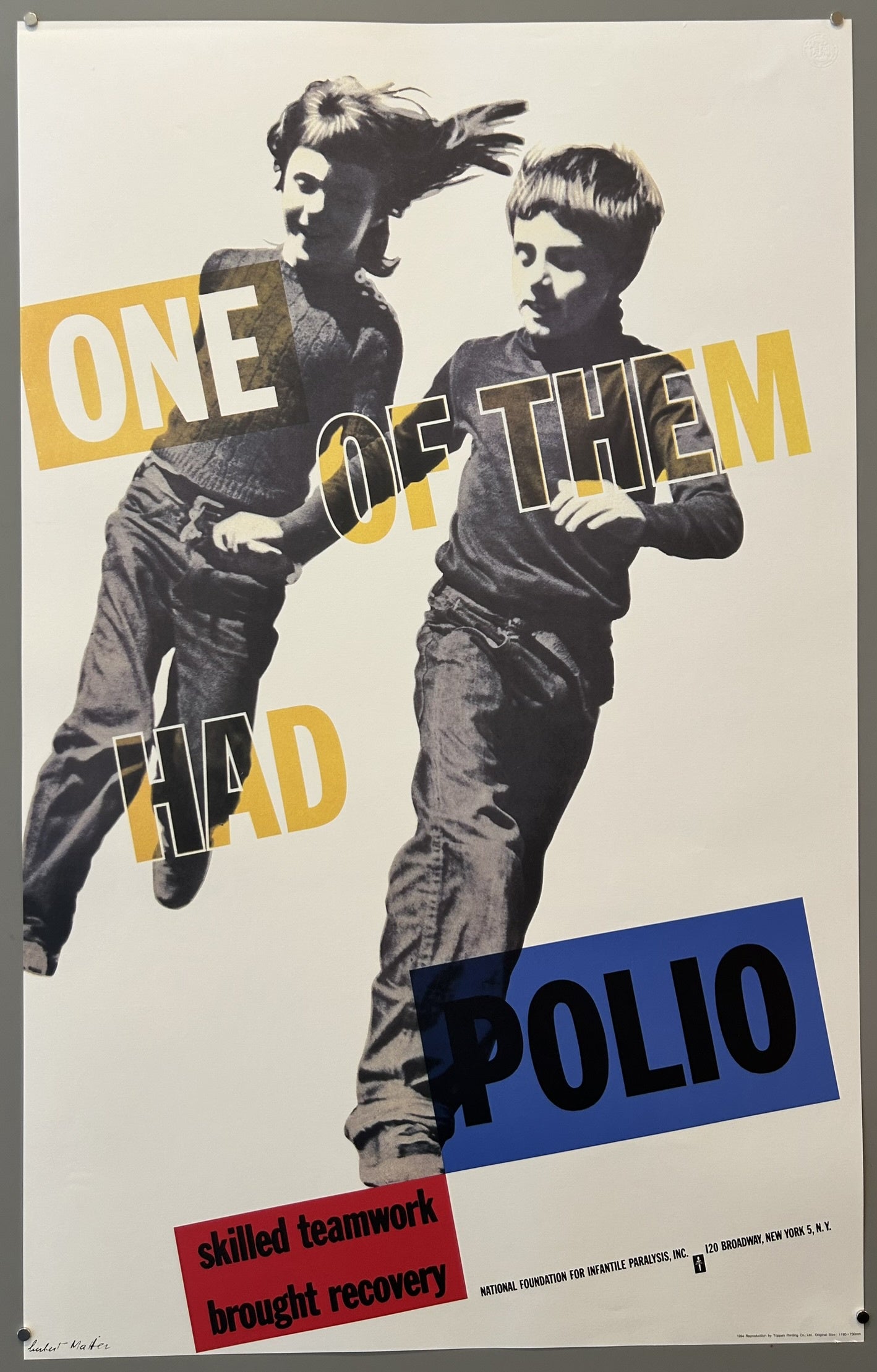 This poster, titled "One of Them Had Polio," was created by Herbert Matter in 1949. It was designed for the National Foundation for Infantile Paralysis, Inc., which is now known as the March of Dimes.