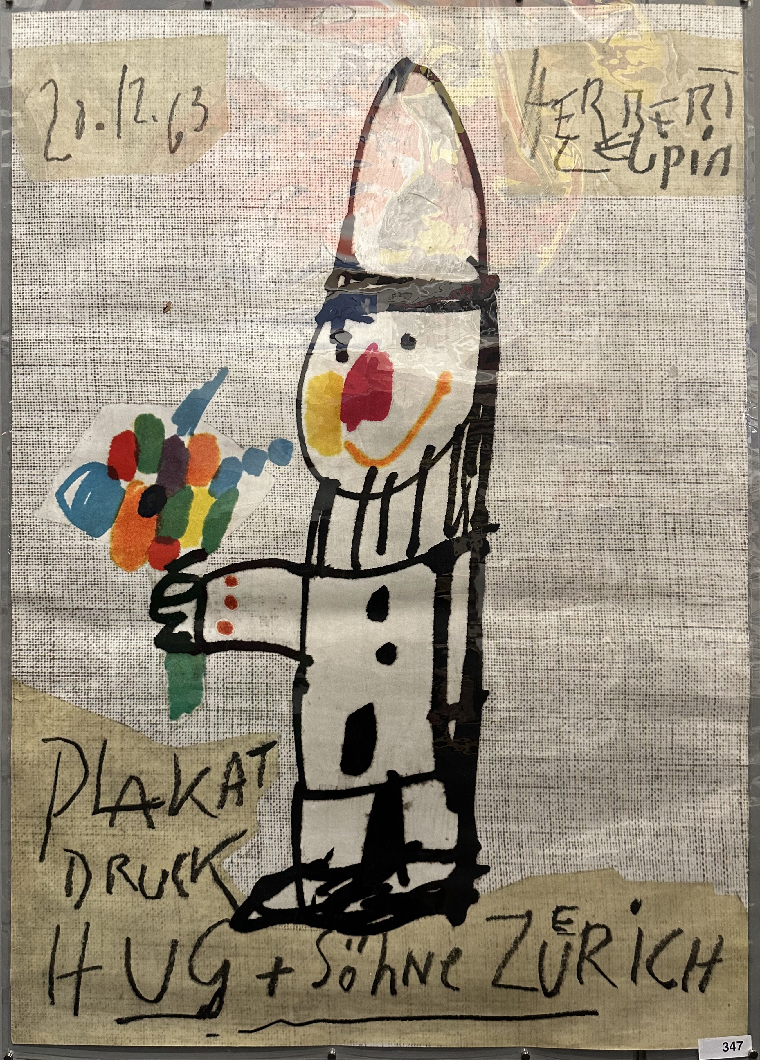 A roughly-drawn clown with flowers in the middle of a black and white background with handwriting text above and below.