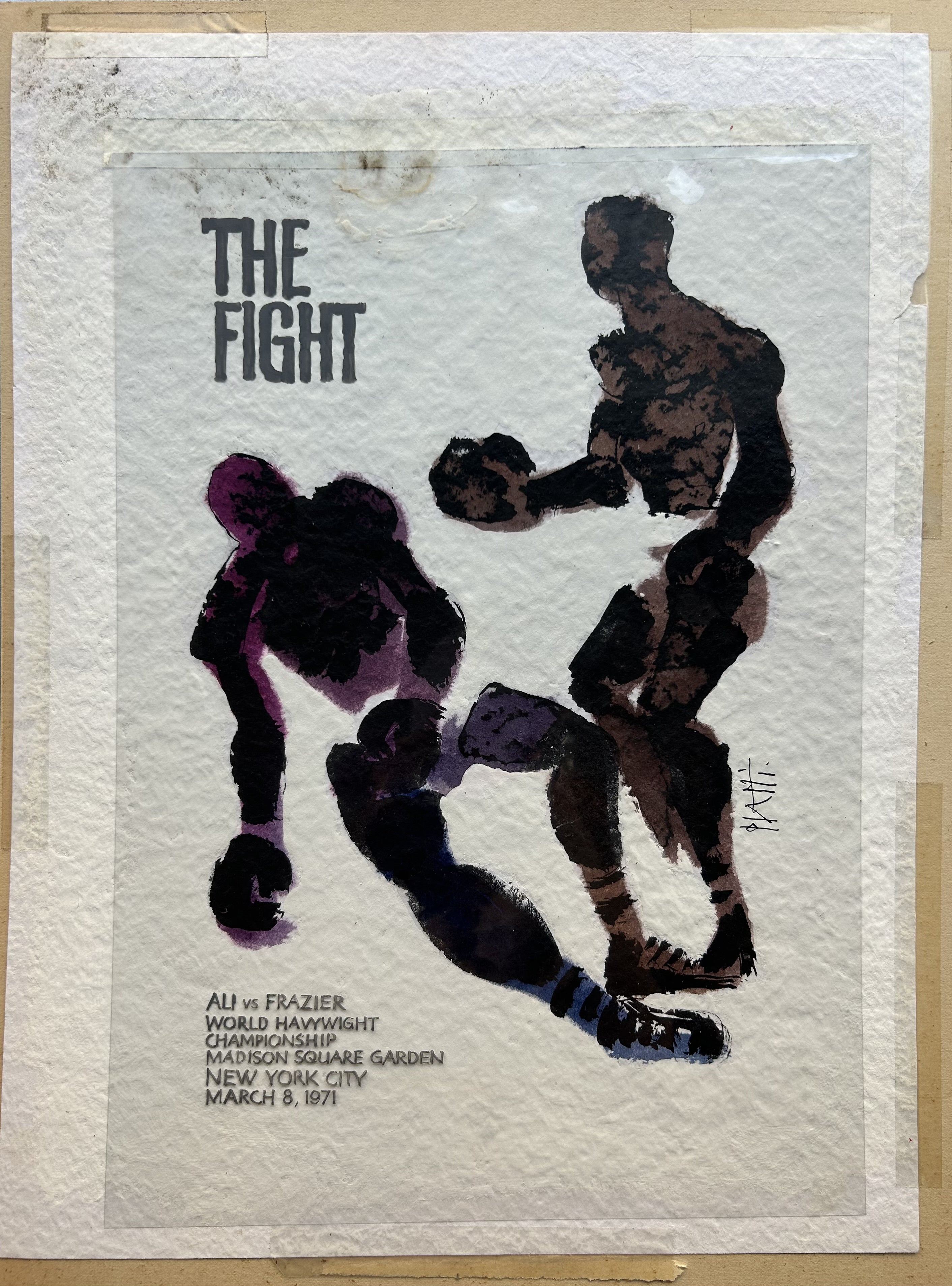 Small original artwork from Piatti for a boxing fight featuring black silhouettes throwing punches at each other.