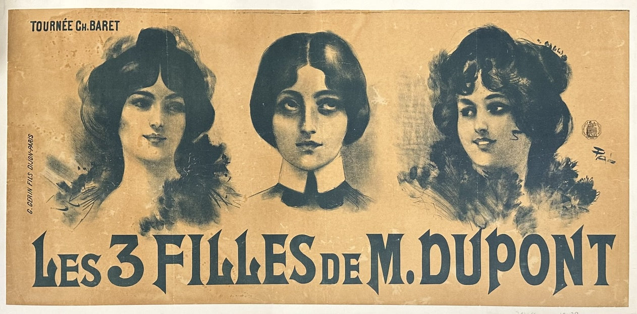 titled "Les 3 Filles de M. Dupont" (The 3 Daughters of Mr. Dupont), featuring three portraits of women in a black ink style on a distressed background