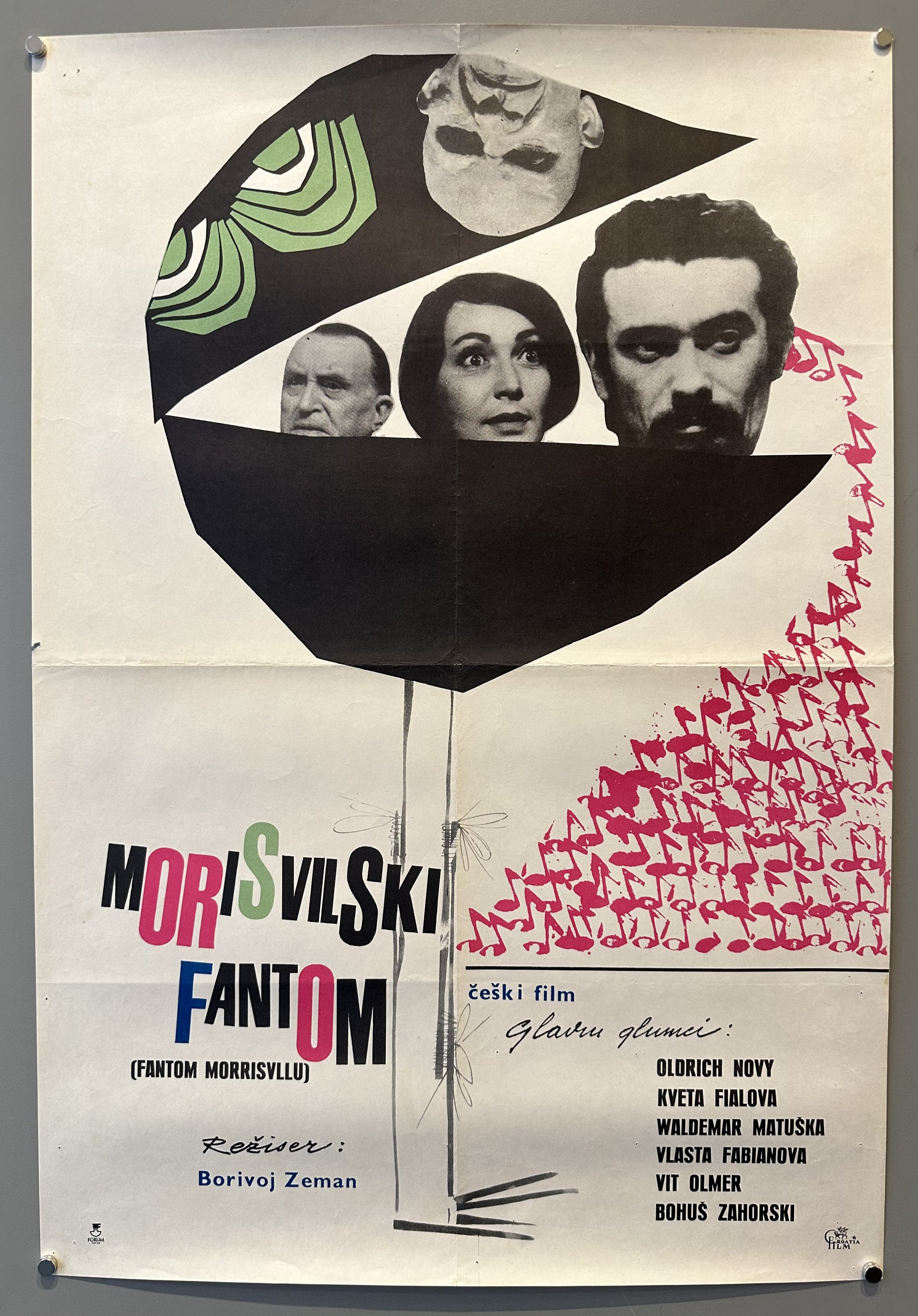 White poster with photo cut outs of the cast and music notes dripping from an actor's ear for Czech film poster.