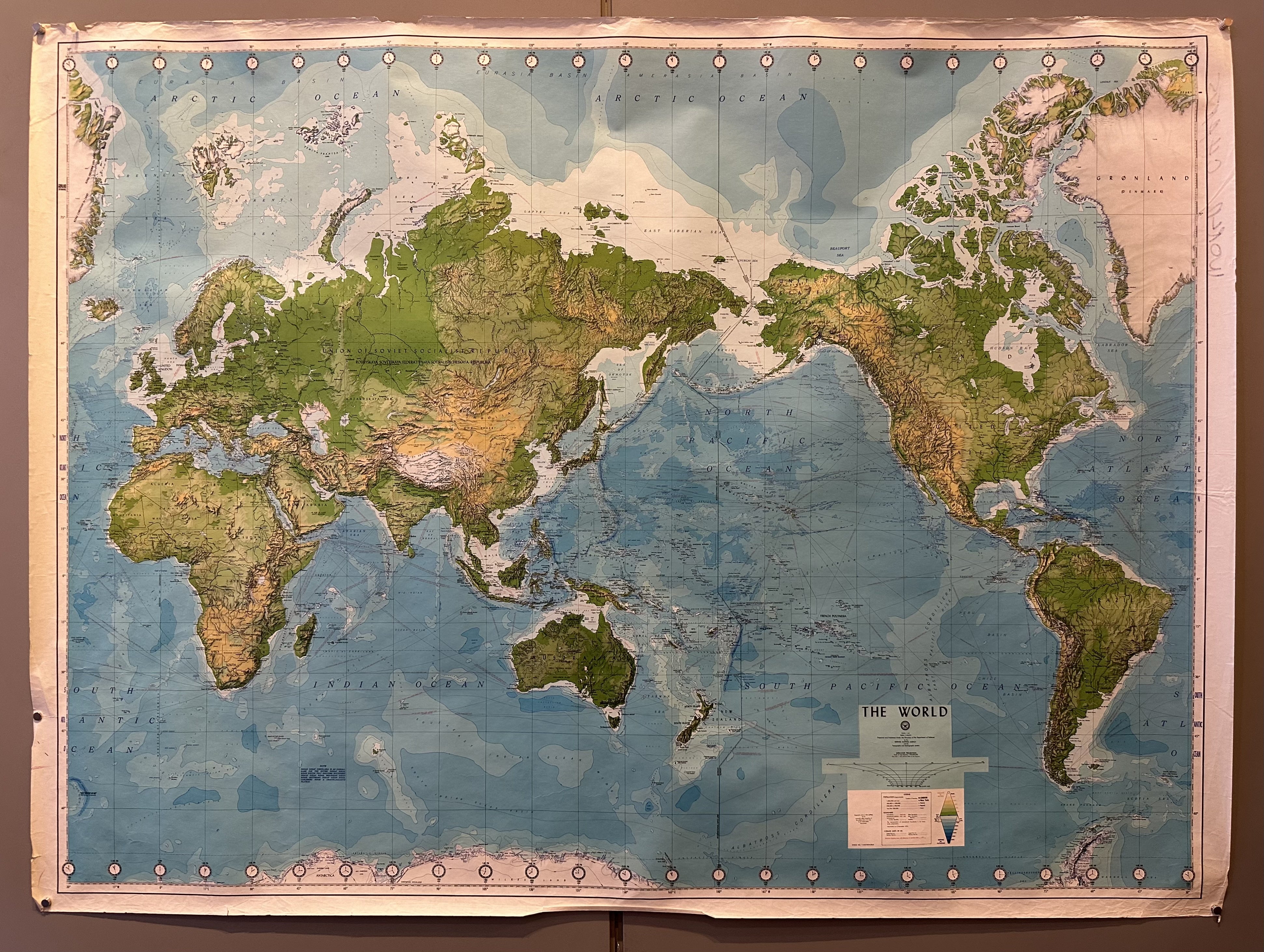 Map of the world with all of the continents and geographic information.