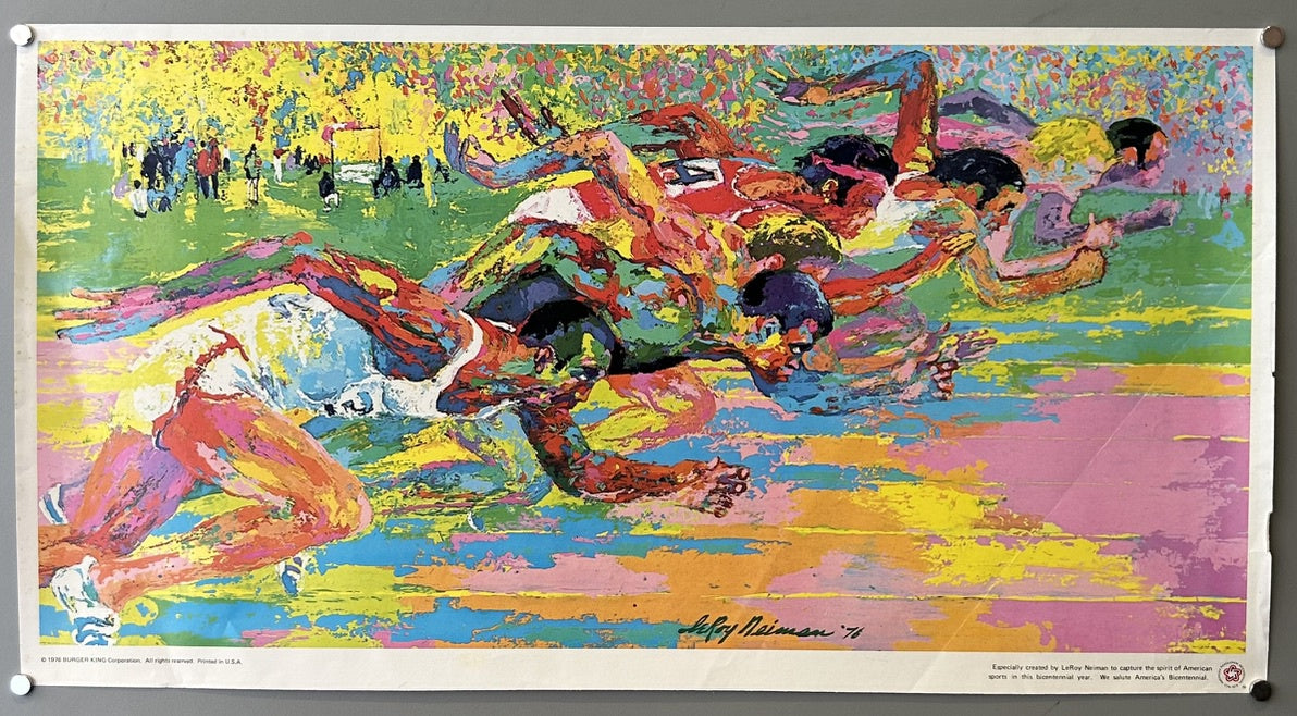 The poster depicts the artwork "Olympic Track" by renowned American artist LeRoy Neiman, created for the 1976 Montreal Olympics.