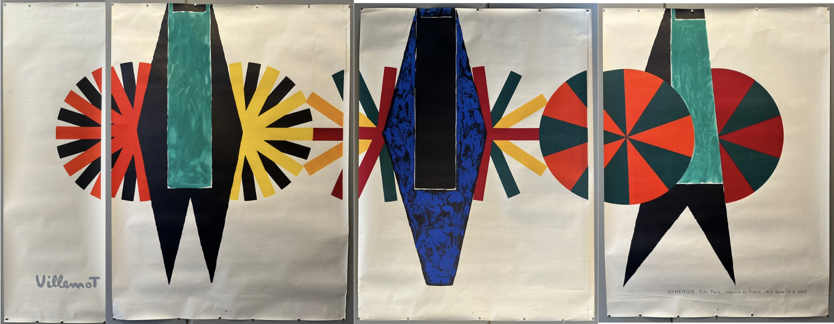 A triptych of abstract art posters by Villemot, featuring bold geometric shapes and vibrant colors. The central panel is predominantly blue and black with red and yellow accents