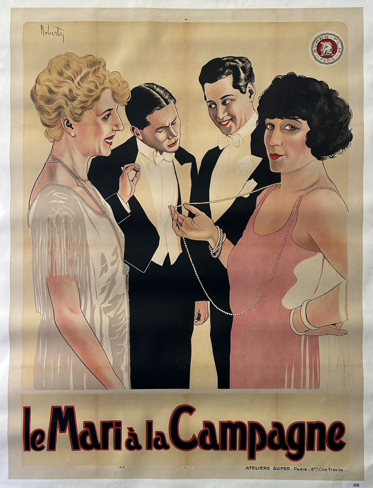 The poster depicts a scene featuring four individuals, two men in formal wear and two women, one of whom is receiving or examining a string of pearls. The imagery suggests a narrative of allure and suspense.