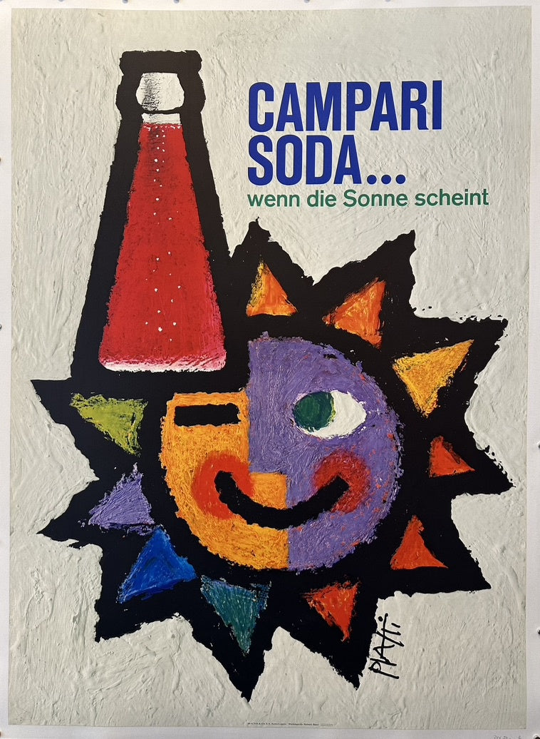 iconic red aperitif Campari. Illustrated is the bottle of a drink next to a stylized, cubic rendition of a smiling sun