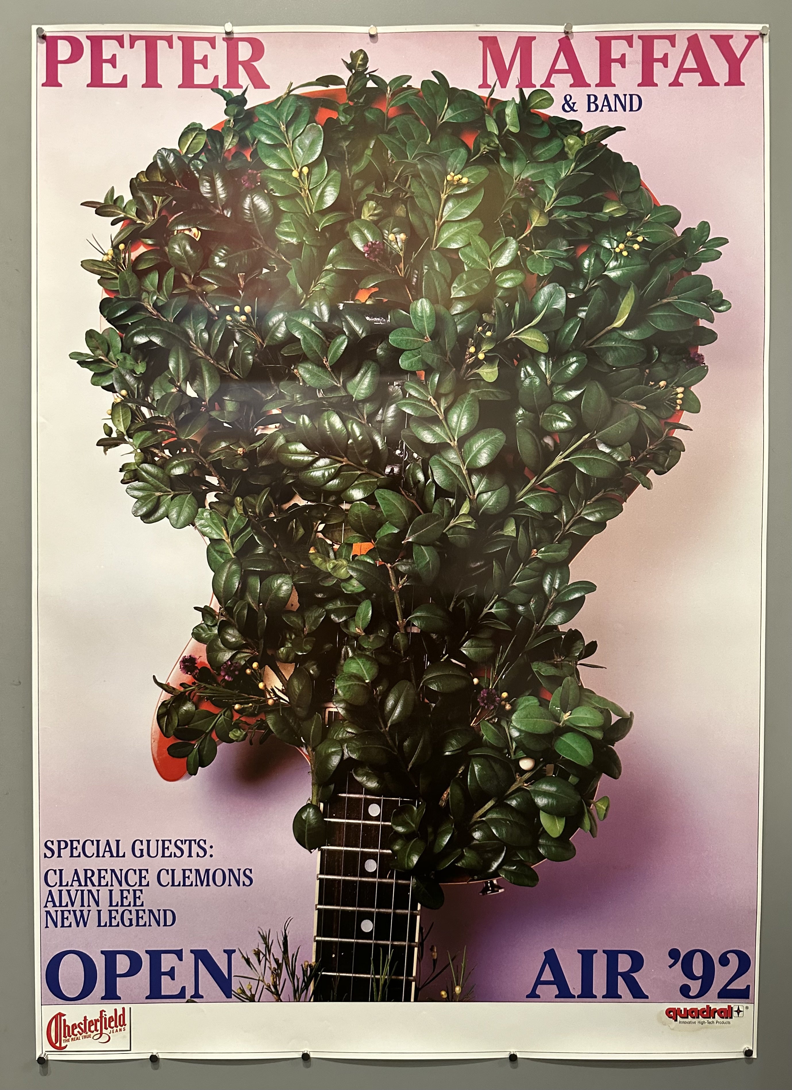 Poster features a guitar with leaves overgrown on it to promote a music festival in 1992.