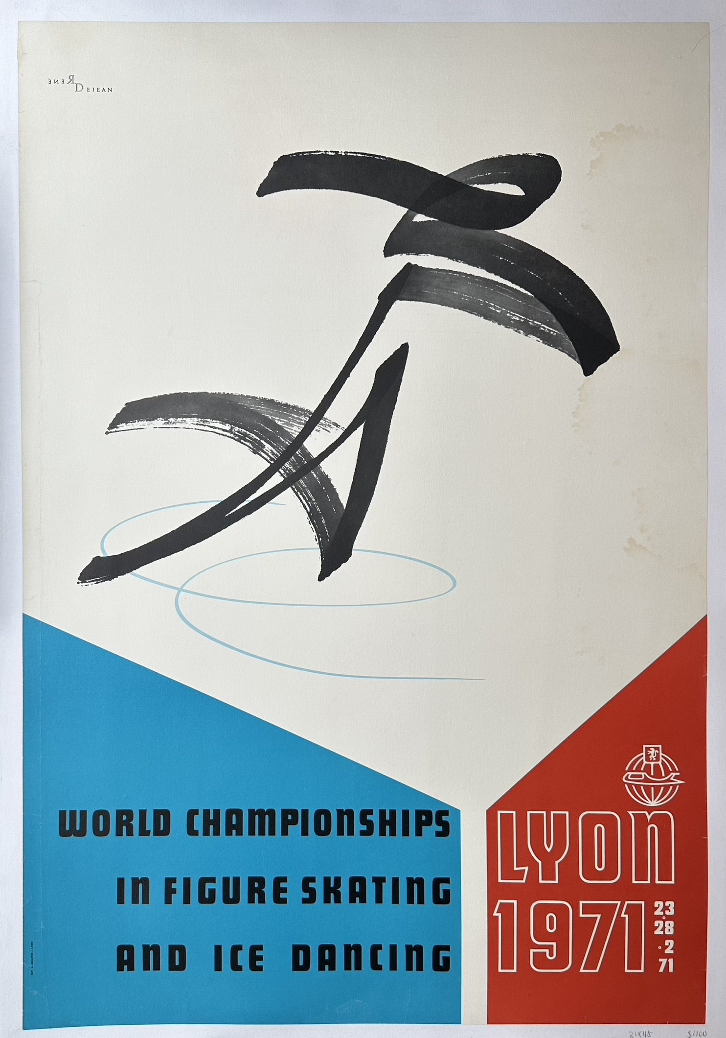 1971 World Figure Skating and Ice Dancing Championships in Lyon, featuring an abstract black figure on a light background with blue and red event details.