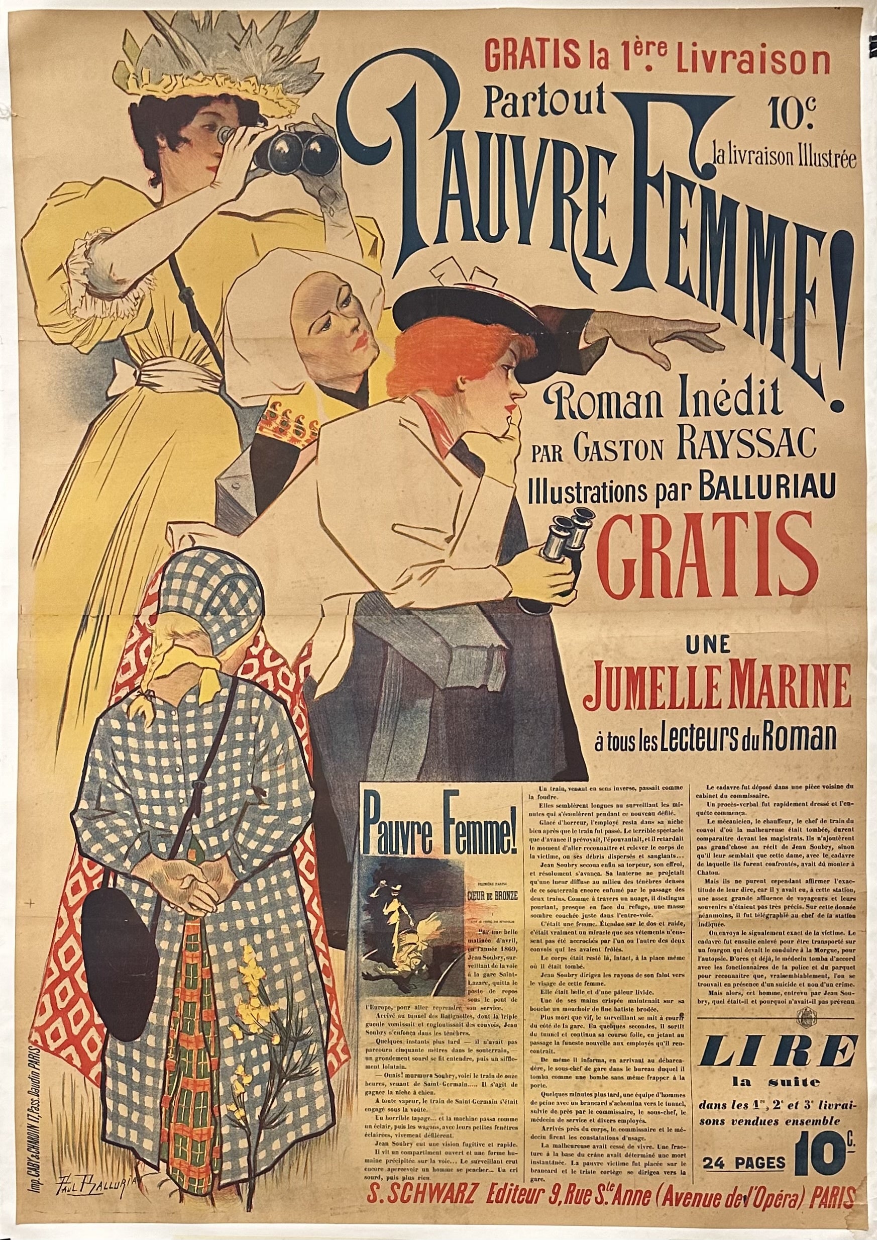 A vintage French poster advertising the novel "Pauvre Femme!" (Poor Woman!) by Gaston Rayssac. The poster features a drawing of three women, two of them holding binoculars.