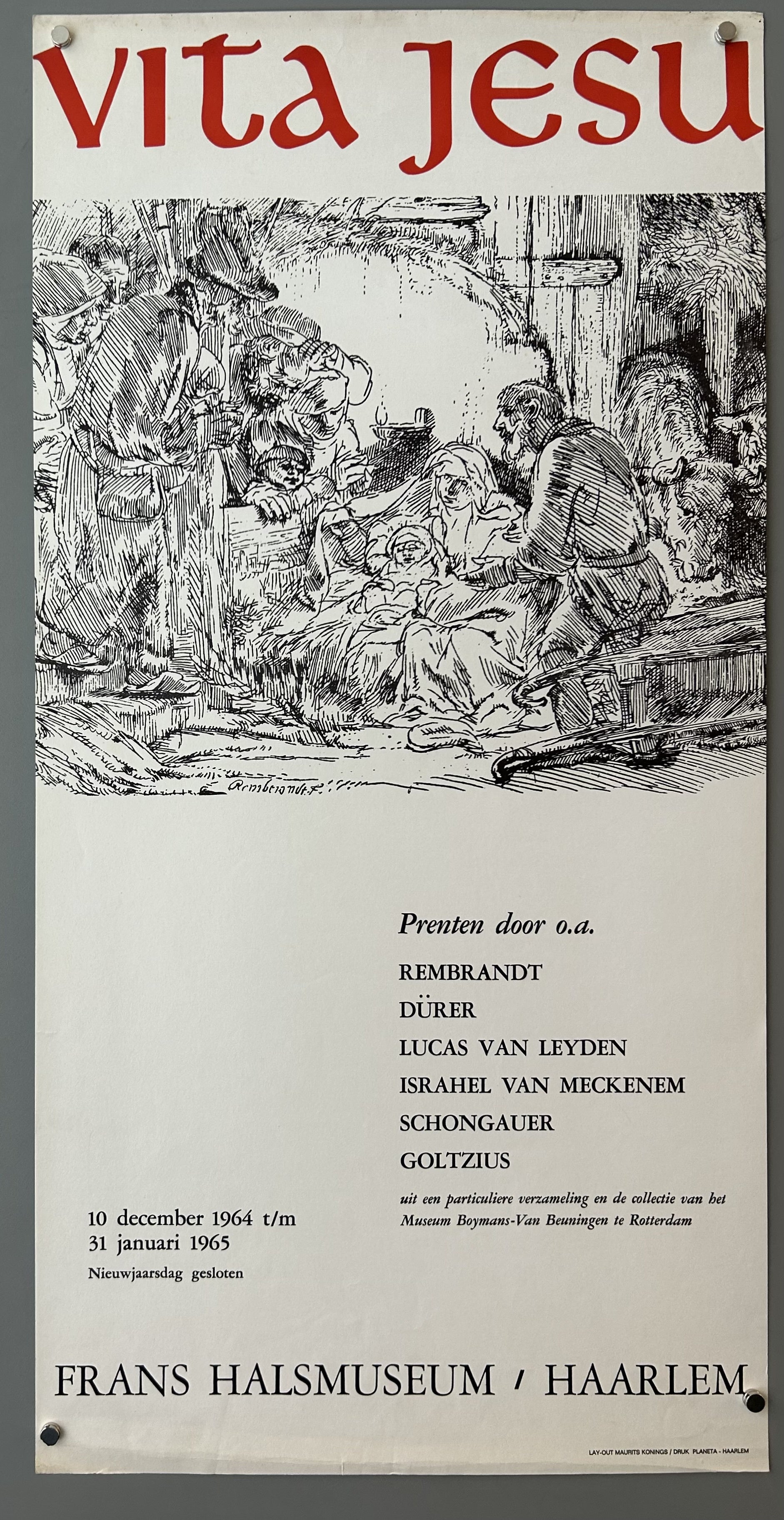 White poster with black and white sketch by Rembrandt in top center; red text above and black text below.