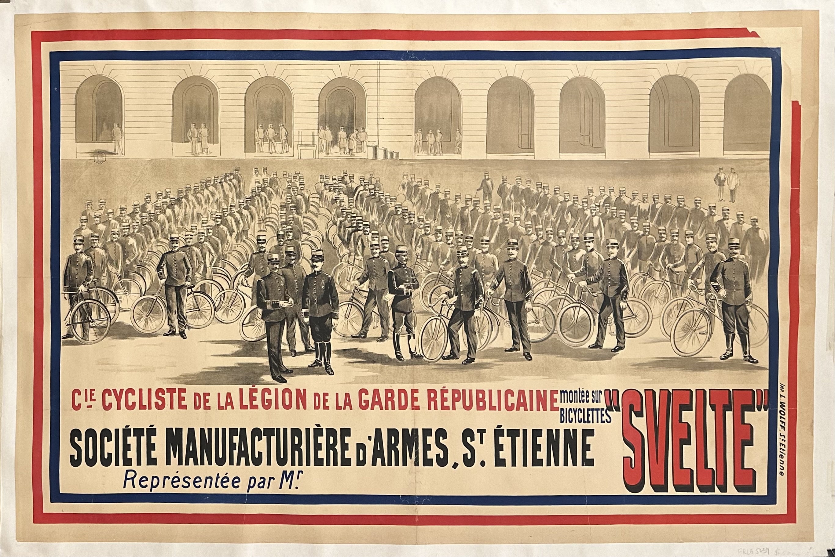 A vintage poster featuring a large group of uniformed cyclists arranged in rows, with the text "Cie Cycliste de la Legion de la Garde Republicaine montee sur bicyclettes 'Svelte' Societe Manufacturiere d'Armes St. Etienne."