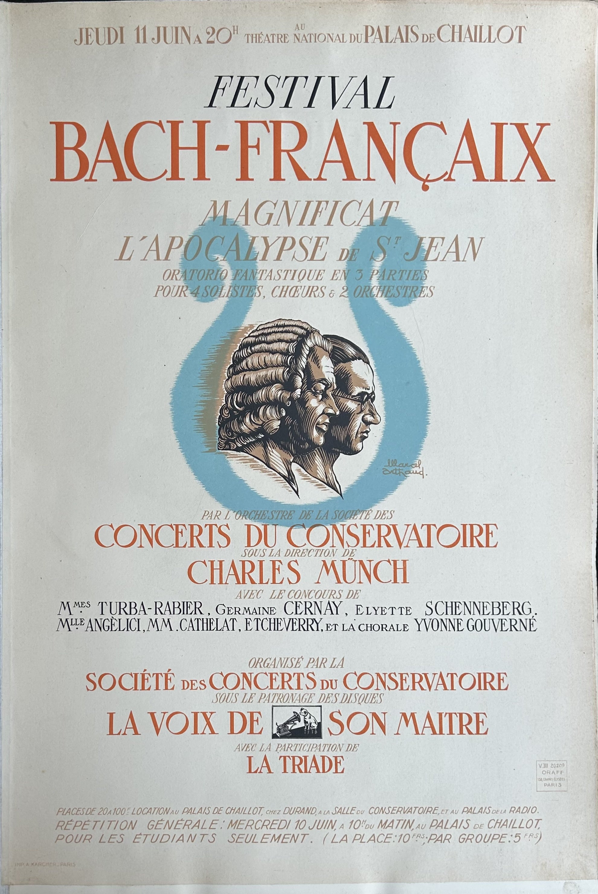 Johann Sebastian Bach and Jean Françaix festival with orange accent text and illustrated side profiles of two composers in middle of poster.