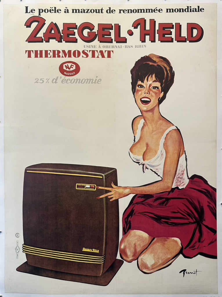 Zaegel-Held oil heater featuring a smiling woman kneeling next to the appliance, advertising 25% energy savings.