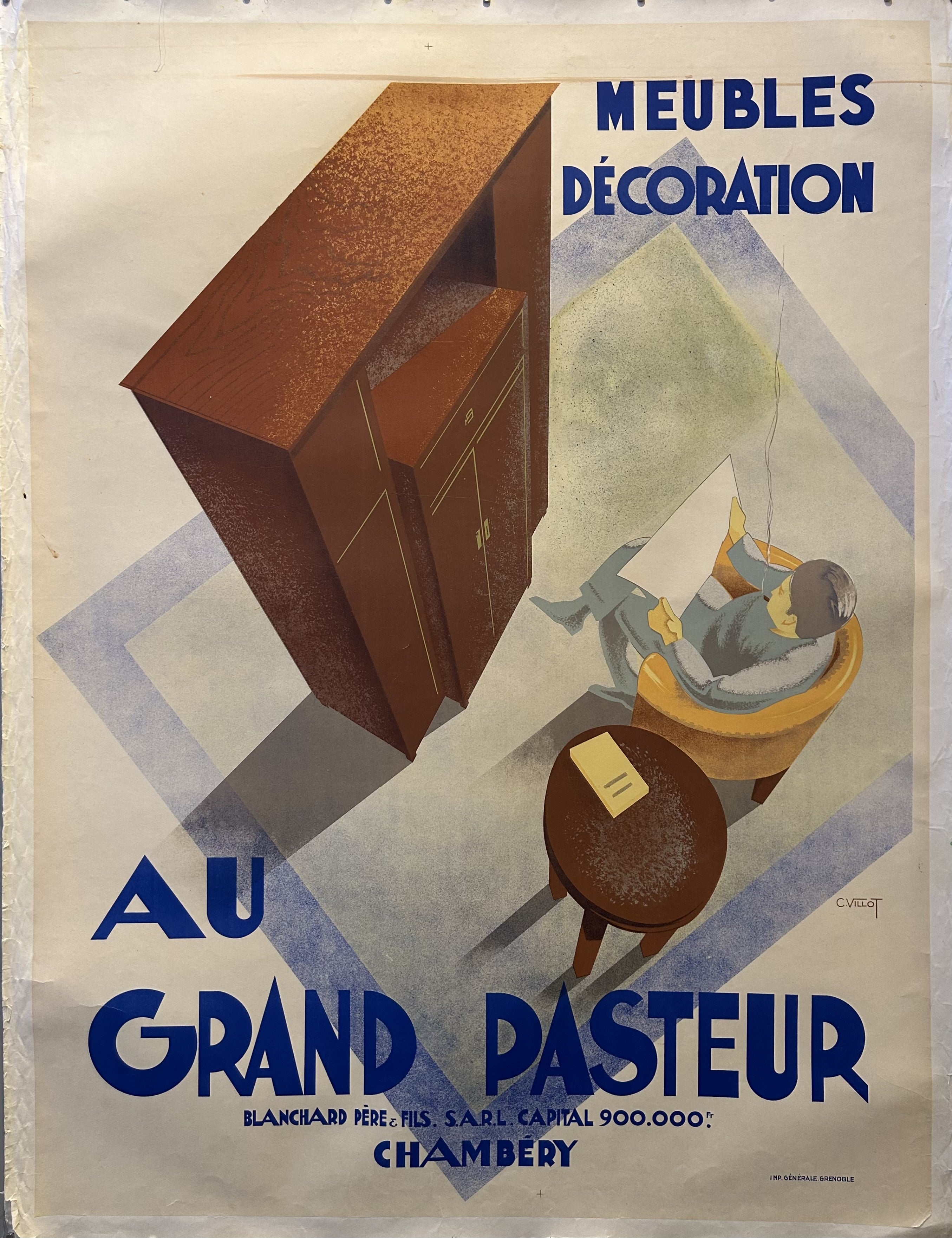 Advertisement for "Au Grand Pasteur" furniture and decoration store in Chambéry, France.The poster features a man sitting in a chair, reading a paper, with a stylized interior backdrop showcasing furniture pieces.