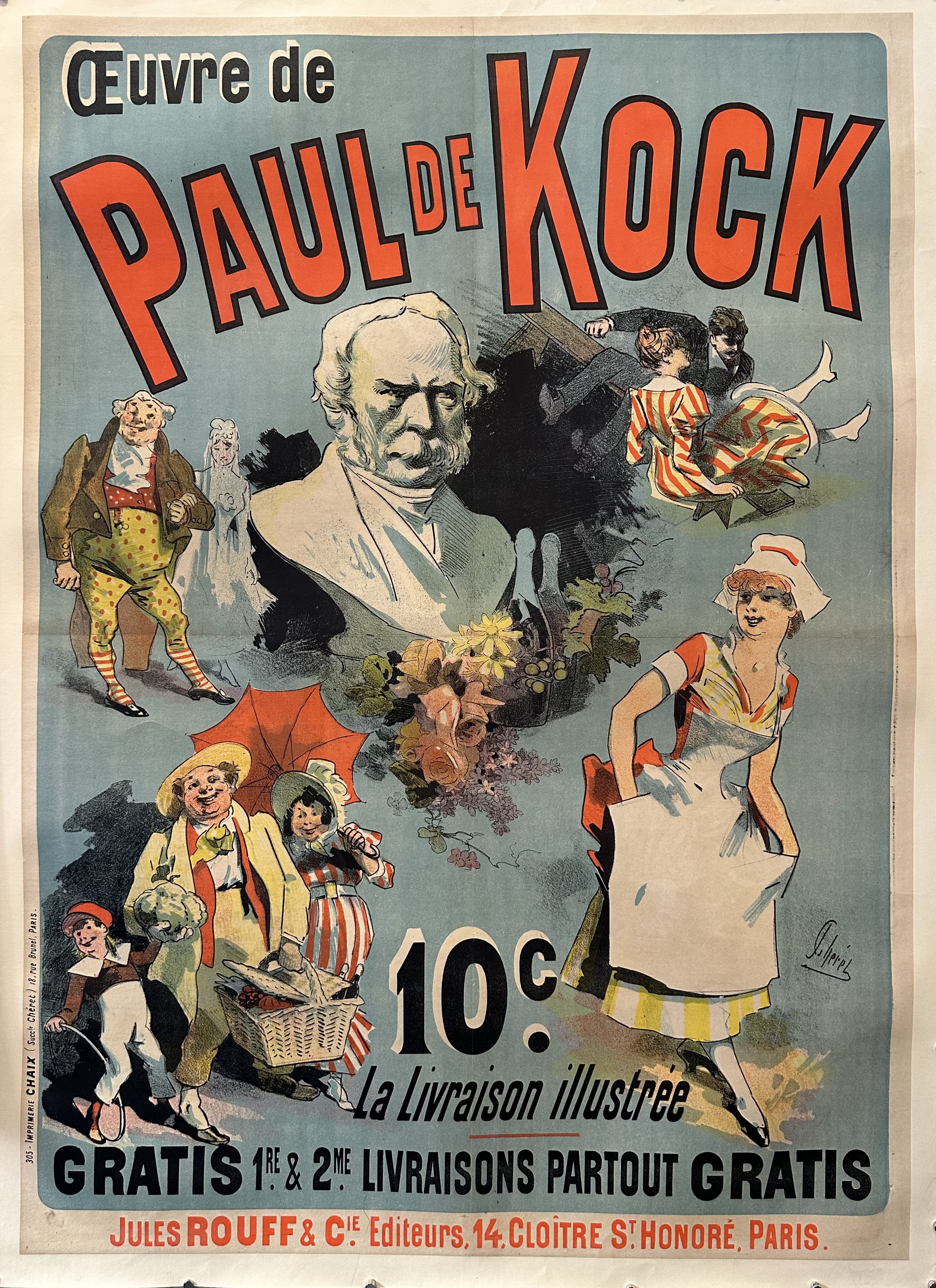 A vintage poster advertising the works of Paul de Kock, featuring a central portrait of the author surrounded by colorful illustrations of characters.