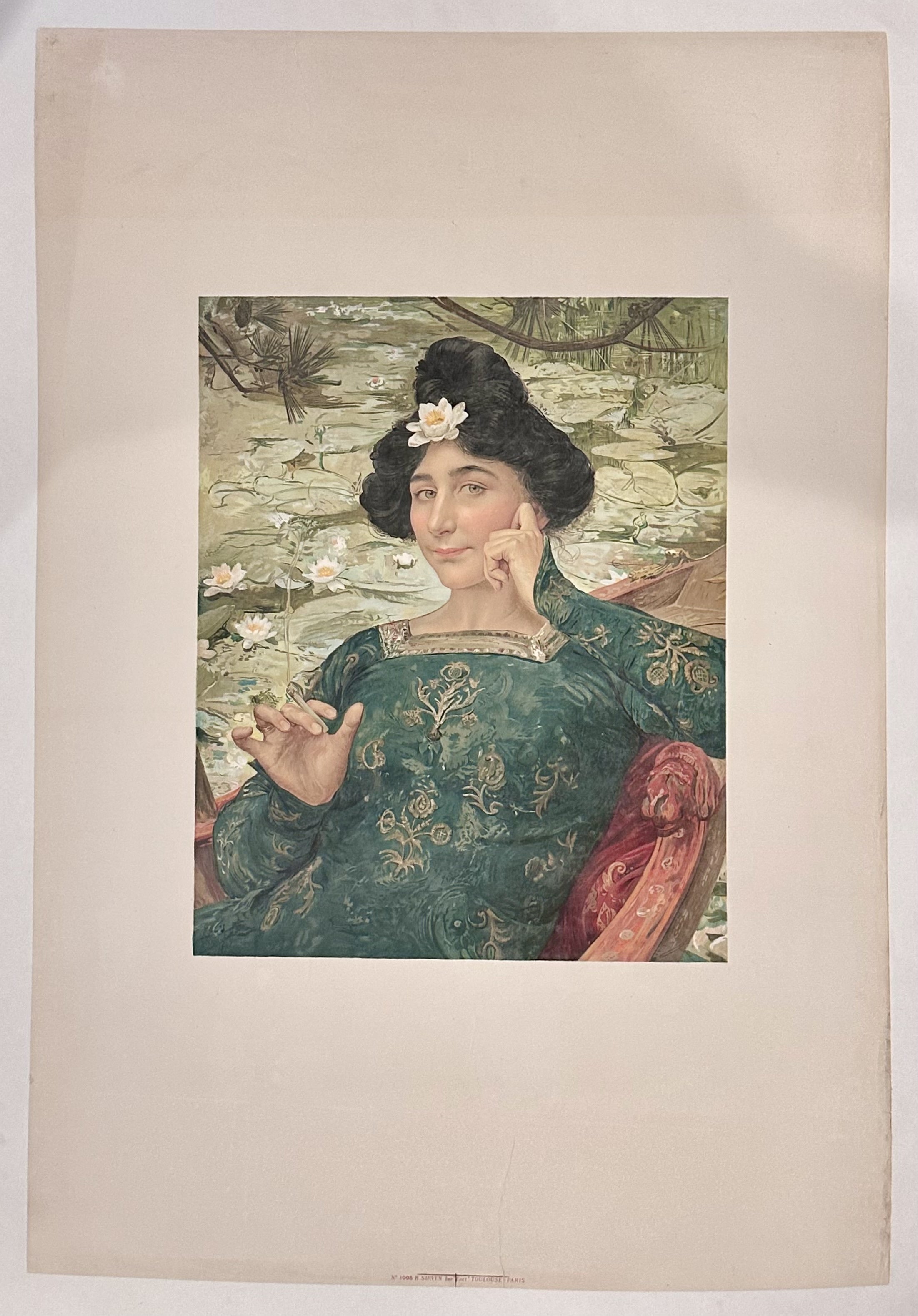 The poster features a young woman with a flower in her hair, set against a background with water lilies, characteristic of the Art Nouveau style.