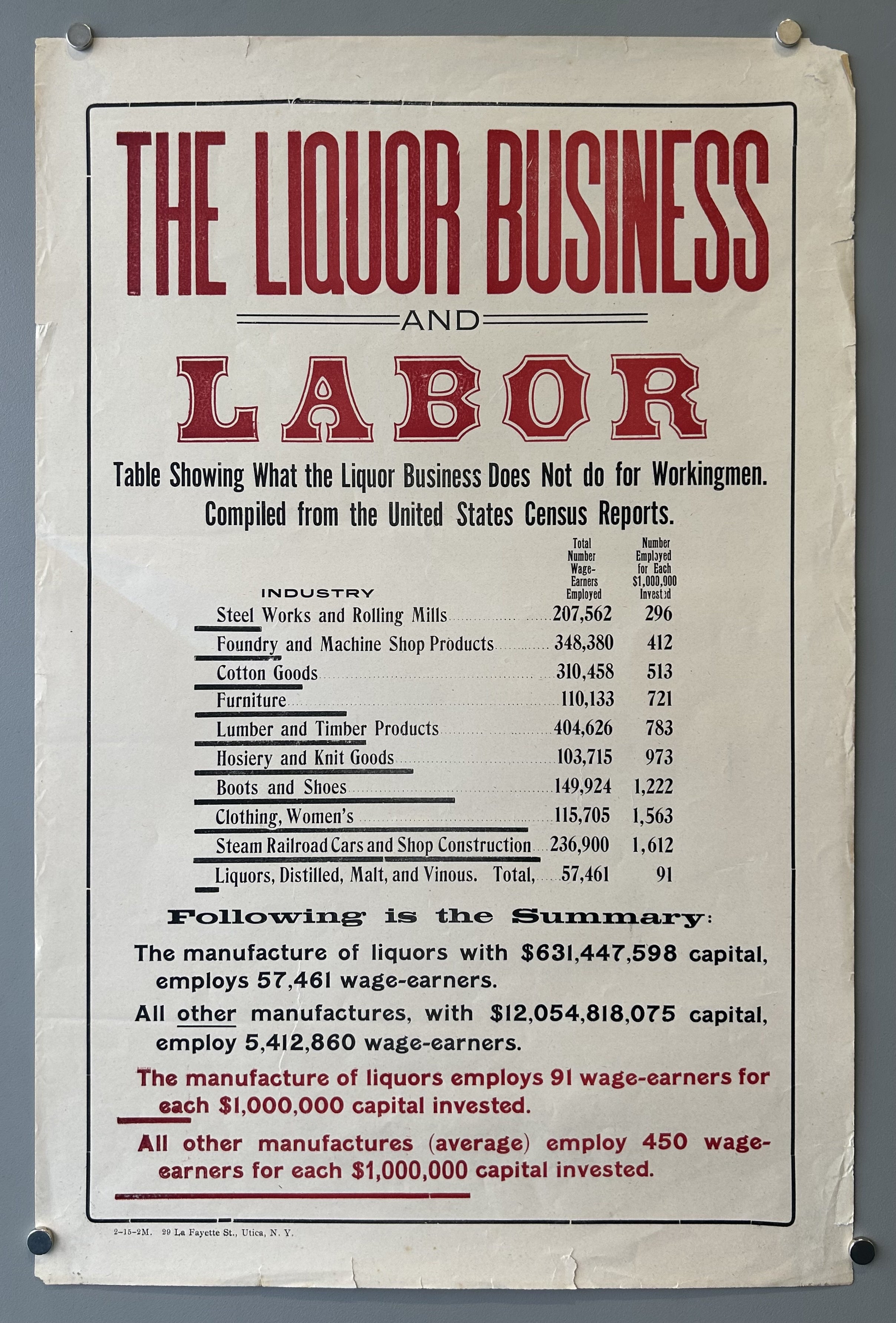 Red and black text poster against white background condemning the liquor business.
