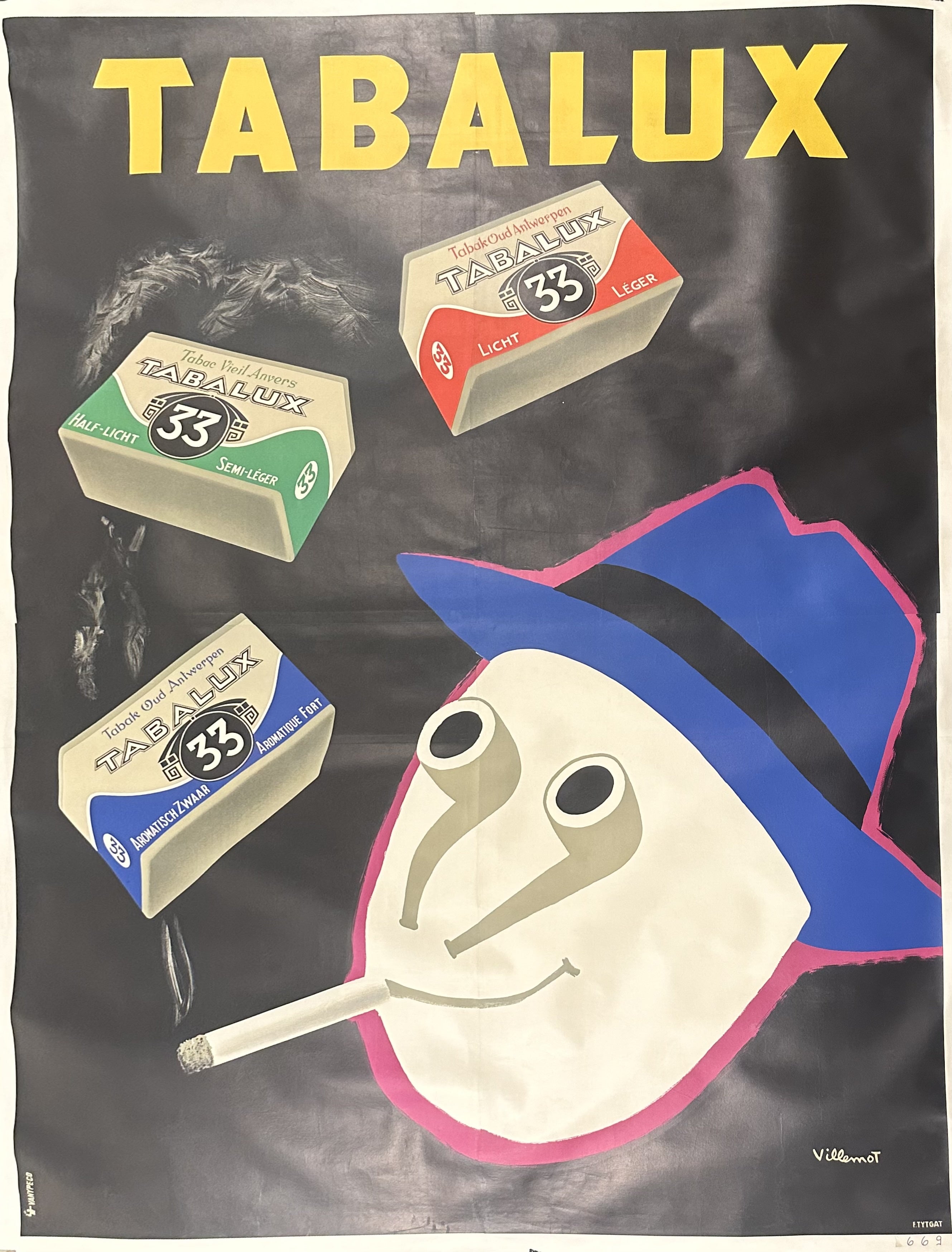Villemot gives us a carnival of Tabalux tobacco rising up in an arc of cigarette smoke. Our floating fedora-fitted head, 'in the pink,' has a satisfied grin and saucer-eyes made out of pipe bowls too