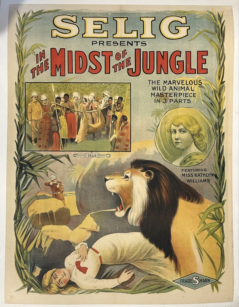 This poster is a promotional advertisement for the 1913 American silent film "In the Midst of the Jungle," presented by Selig Polyscope Compan